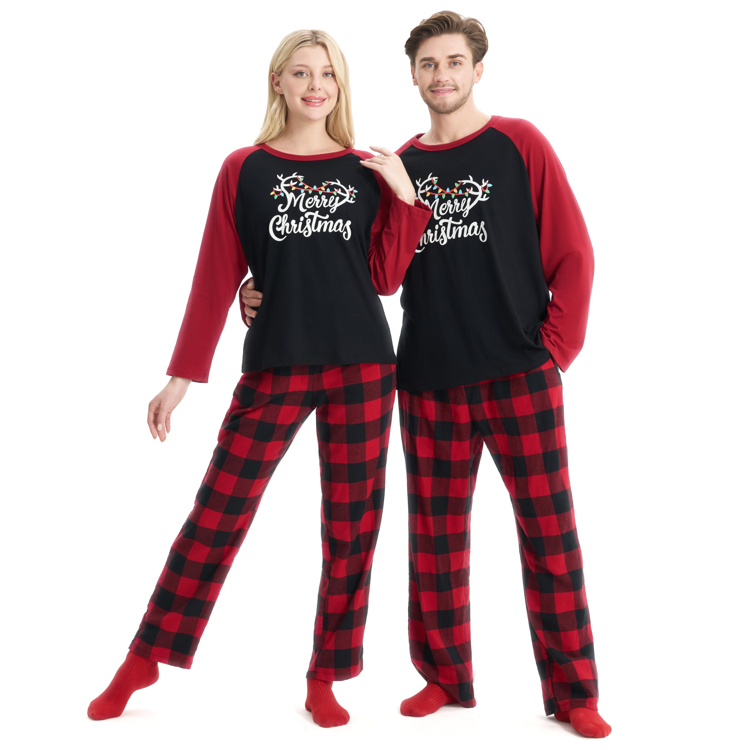 Giggling Getup Red Black Plaid Adult Womens Christmas Pajamas, Christmas Pajamas Women Set with Plaid Pajama Pants and Top, for Holiday Pajamas Party-L