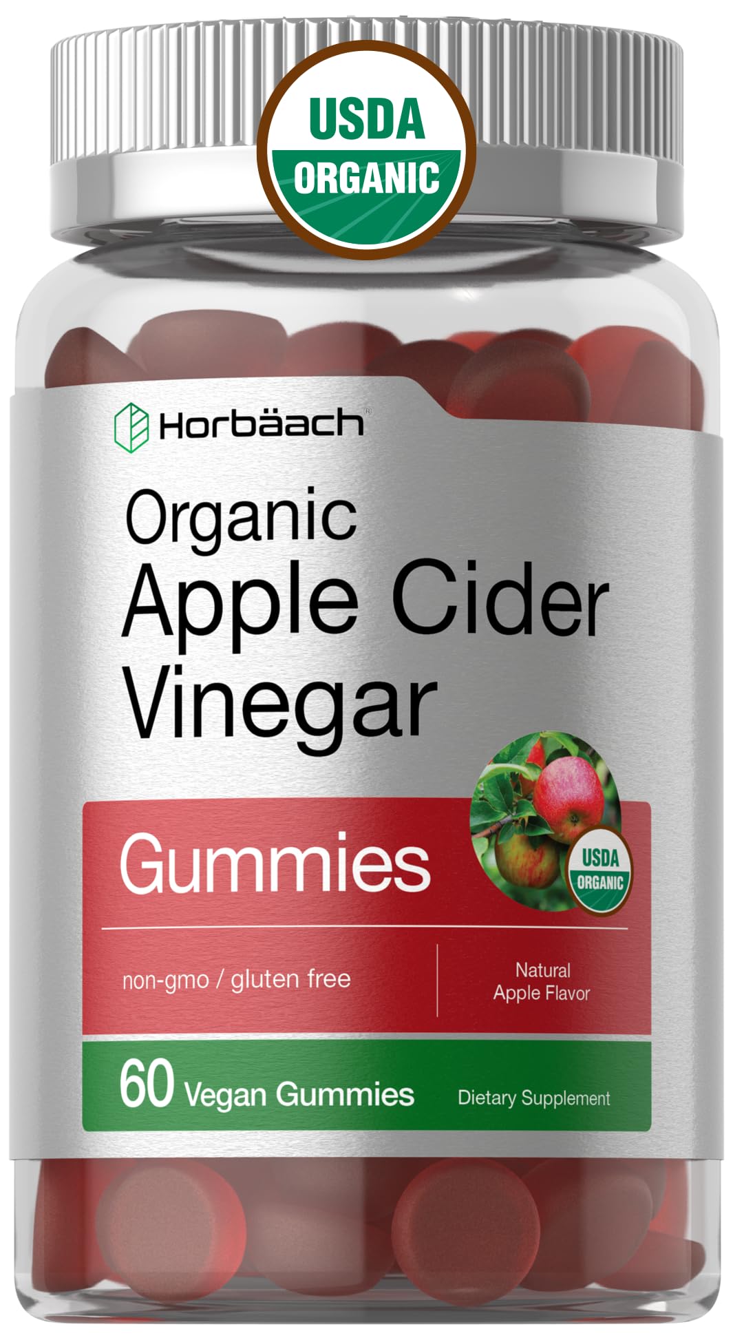 Horbäach Organic Apple Cider Vinegar Gummies | 60 Gummies | Vegan, Non-GMO & Gluten-Free Supplement | USDA Organic ACV | Apple Flavor