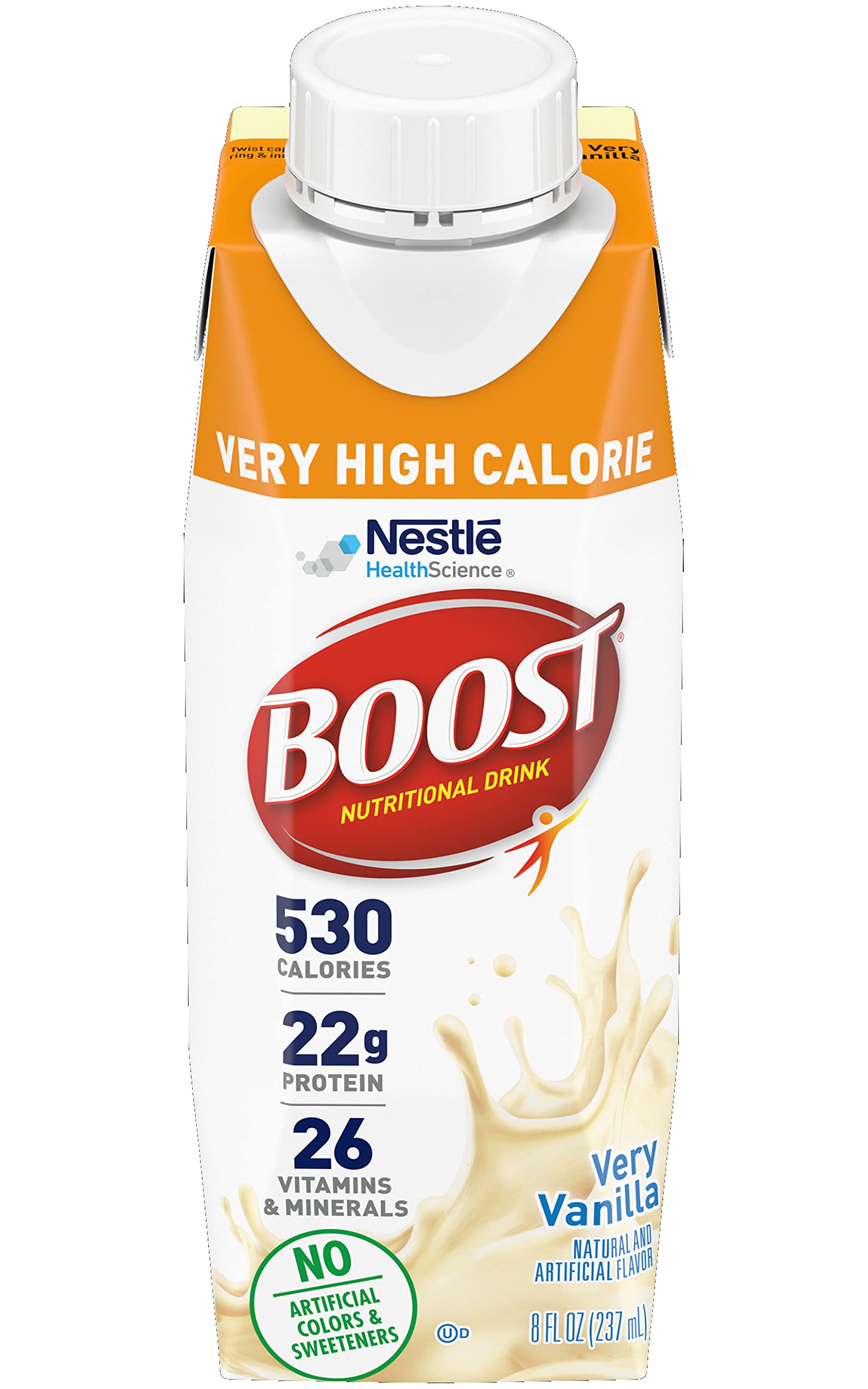 Boost Very High Calorie Nutritional Drink Very Vanilla, Made with Natural Vanilla Flavor & No Artificial Flavors, Colors & Sweeteners, 8 FL OZ (Pack of 12)