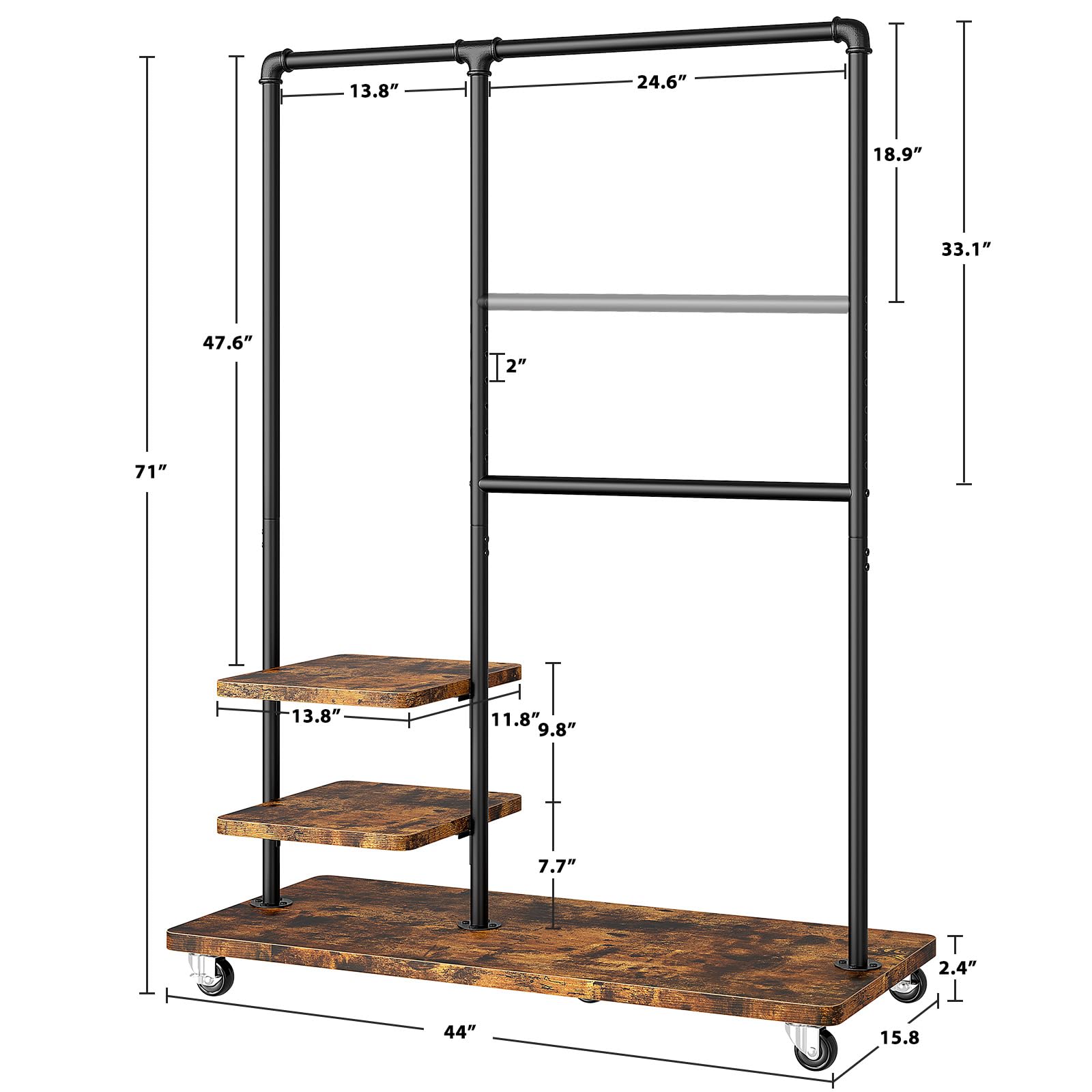 Raybee Industrial Pipe Clothes Rack Heavy Duty Clothing Racks for Hanging Clothes, 400LBS Clothes Rack with Shelves Wheels, Portable Adjustable Rolling Garment Rack for Hanging Clothes, Rustic Brown