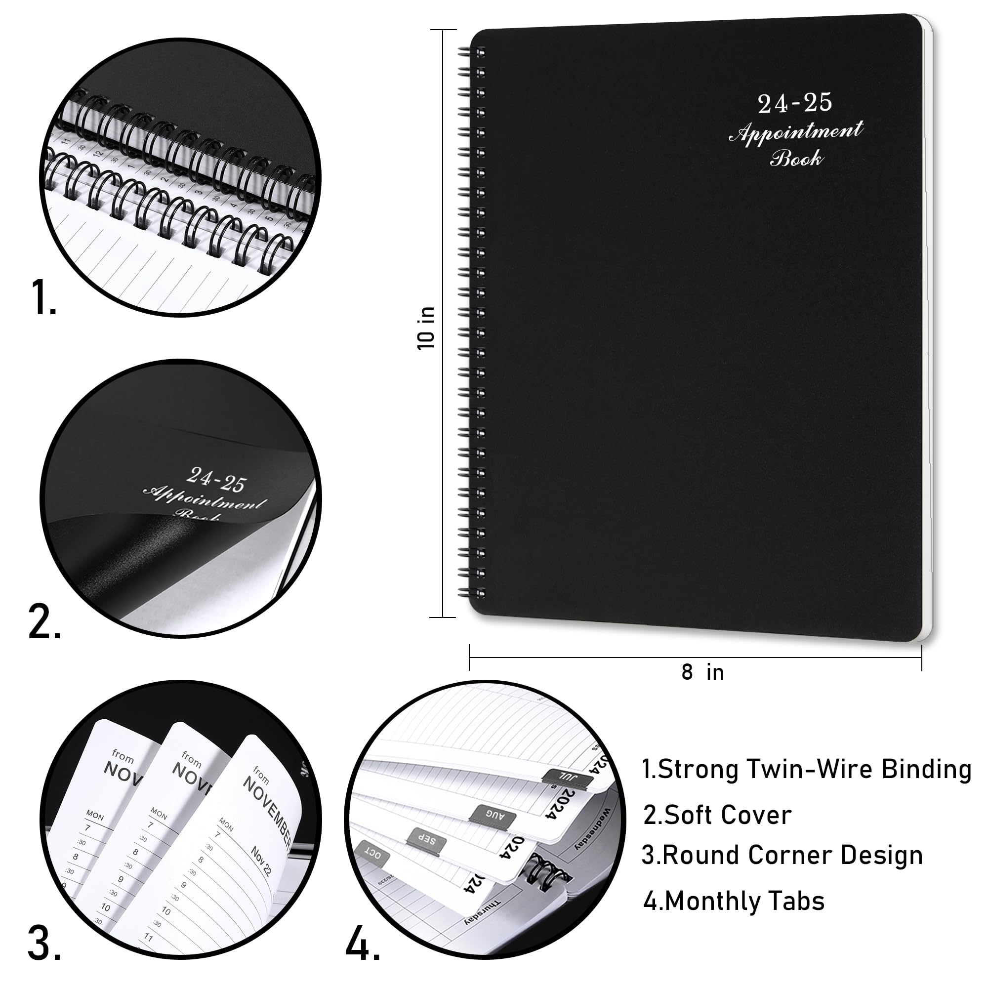 2024-2025 Weekly Appointment Book & Planner - July 2024 - June 2025, 2024 Daily Hourly Planner, 8" x 10", Half Hour (30 Mins) Interval, Twin-Wire Binding, Lay-Flat, Round Corner, Thick Paper