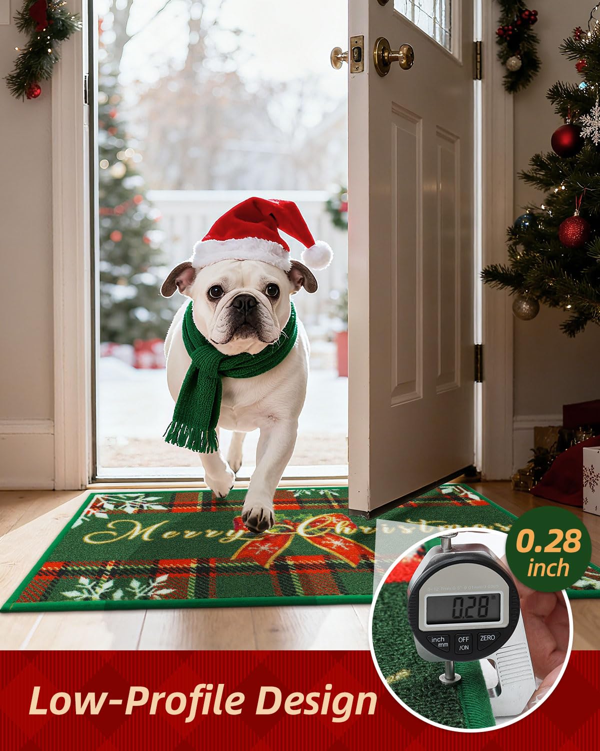 JSEI Door Mat Green Buffalo Plaid Christmas Mat 17"x30", Non-Slip Mats for Entryway with Merry Christmas Greeting and Bow Snowflake Design, Machine-Washable Xmas Doormat for Front Back Door