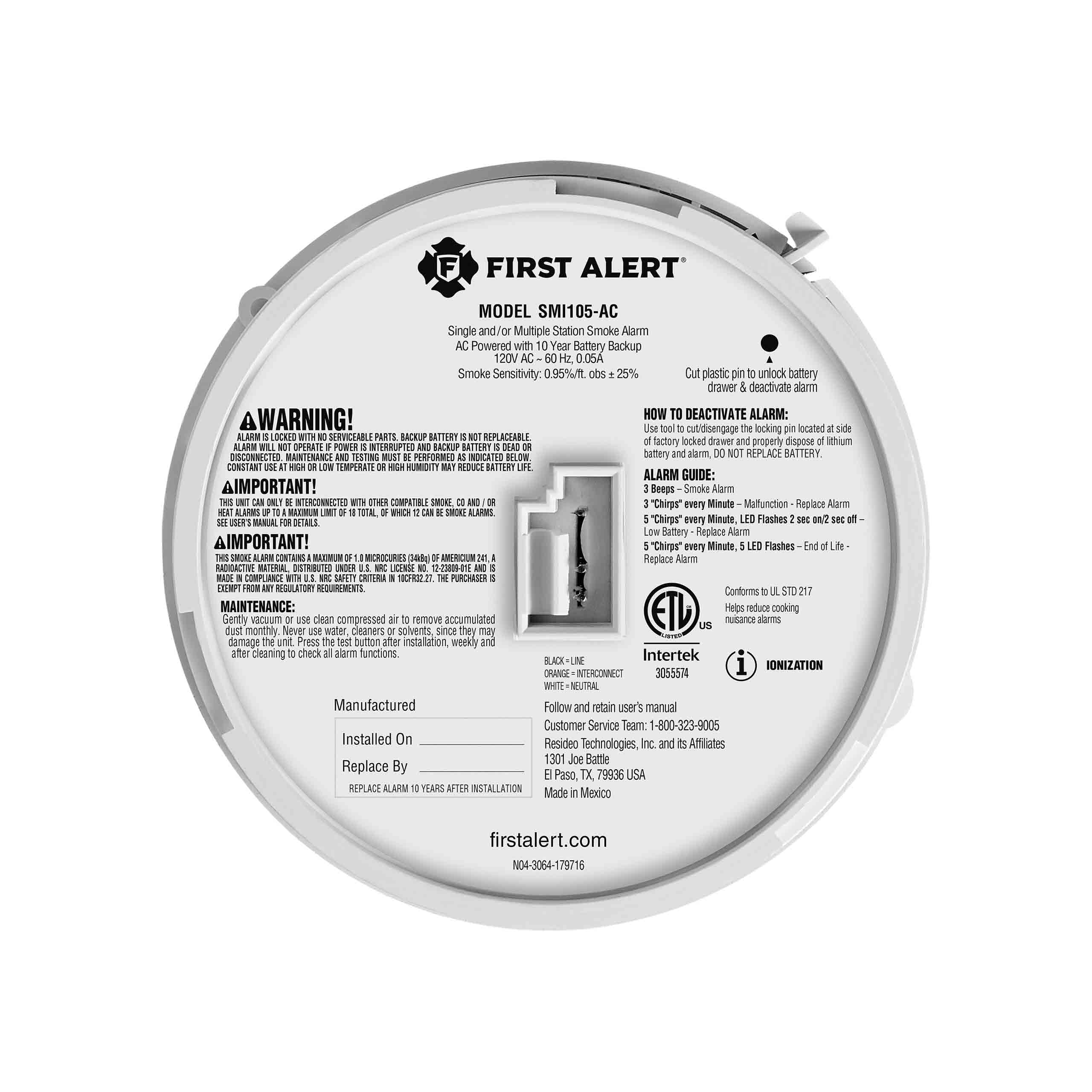 First Alert SMI105-AC, Interconnect Hardwire Smoke Alarm with 10-Year Battery Backup, 1-Pack