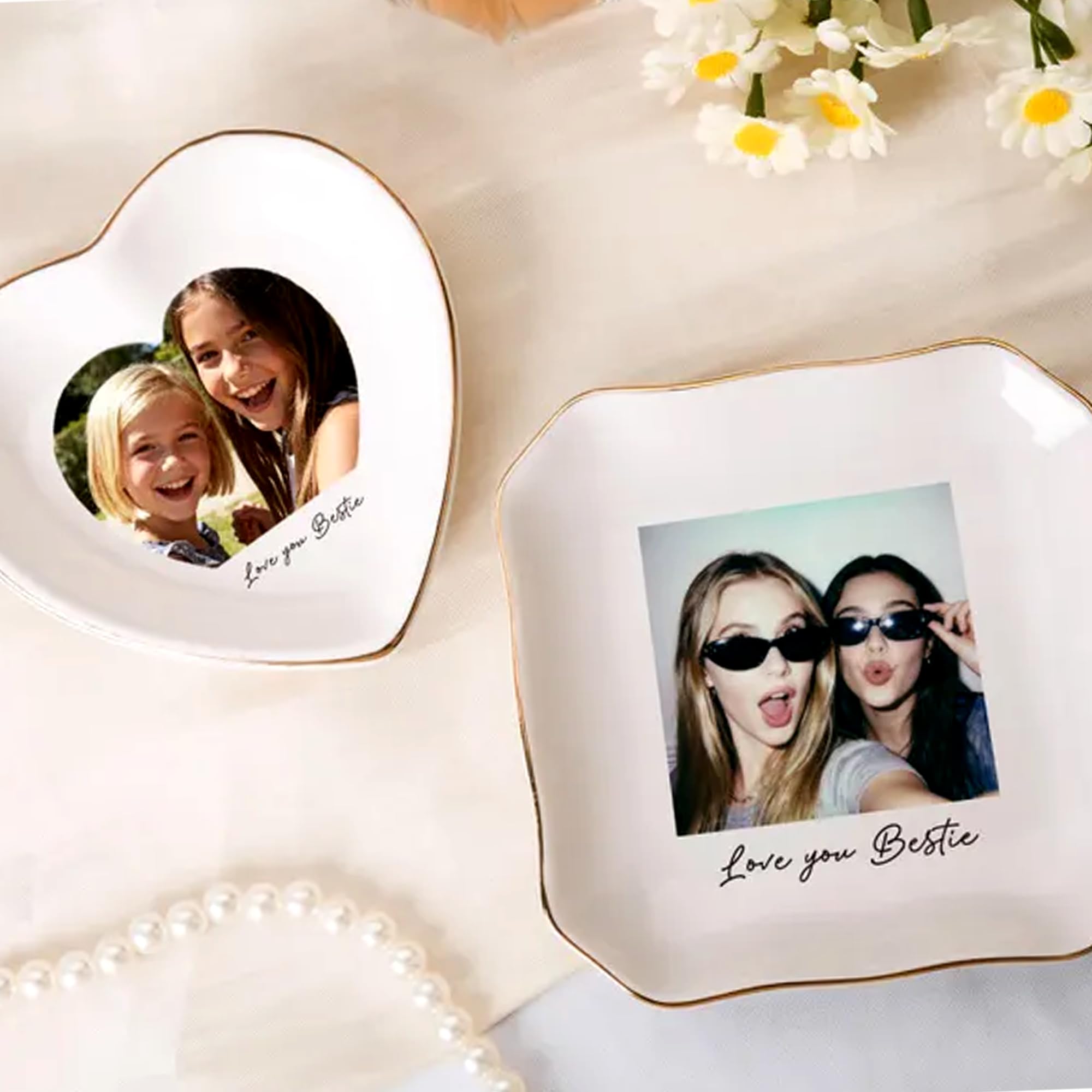 Hugsly Personalized Besties Photo Ring Dish, Custom Jewelry Dish Gift for Besties, Soul Sister Trinket Gift for Long Distance Friendship Women BFF Anniversary Birthday Wedding Gifts 1