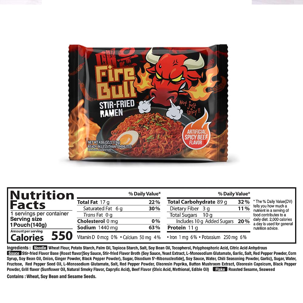 Fire Bull Ramen Intense Spicy Stir-Fried Ramen, Authentic Korean Heat Meets Flavorful Delight | Thick, Chewy Noodles | Quick & Easy Meal (4 Pouches)