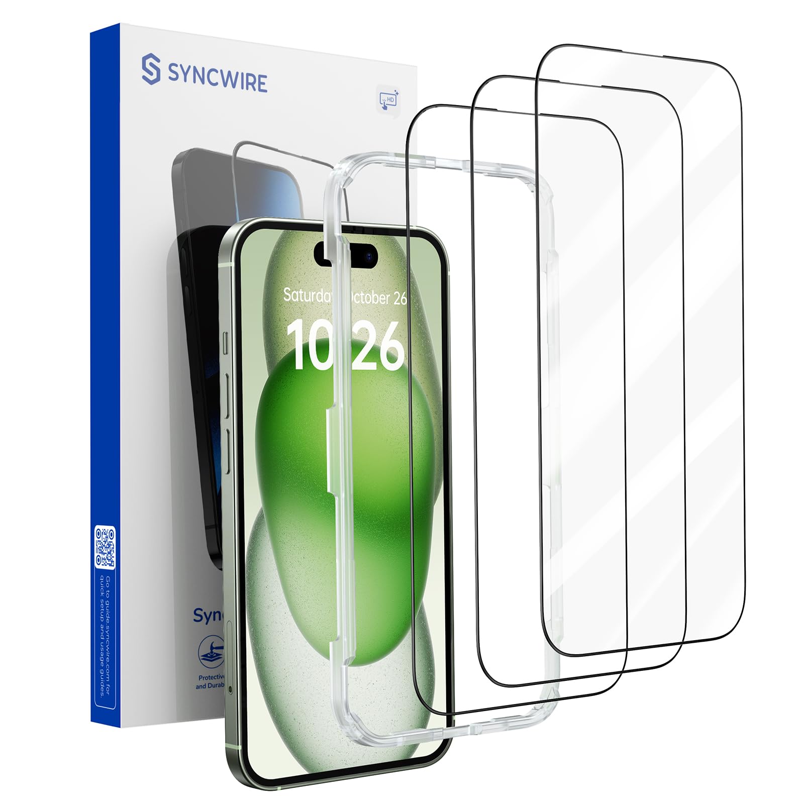 SYNCWIRE iPhone 15 Screen Protector 3 Pack, Glass Screen Protector for iPhone 15 [Easy Installation][No Bubbles][Full Coverage][Sensitve and Clear], 6.1 inches Screen Saver