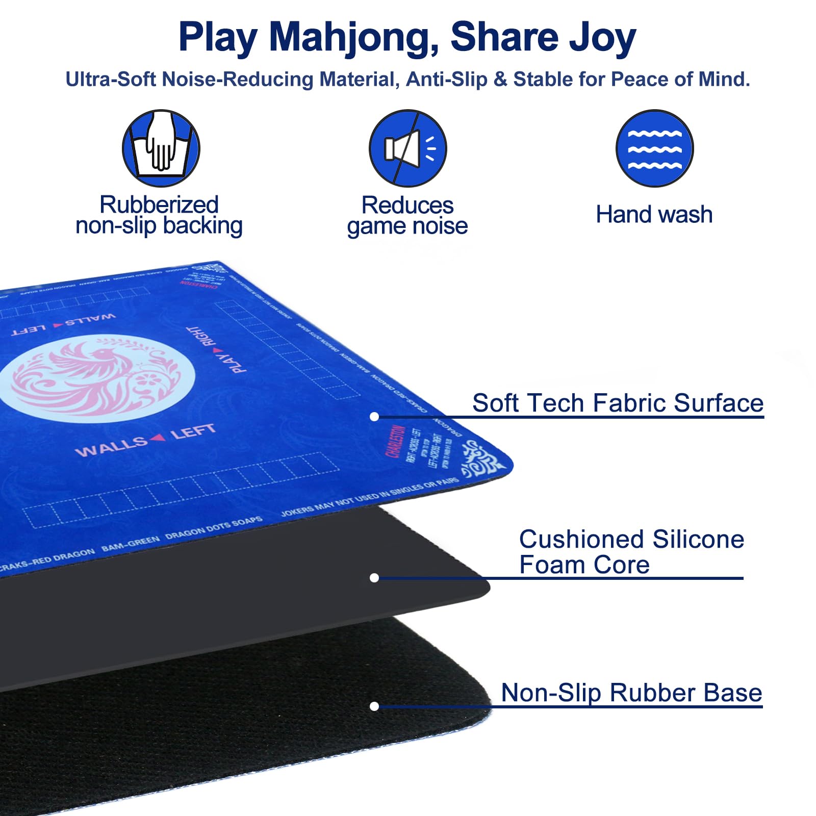2025 Mahjong Mat, 31.5" x 31.5" Neoprene Mahjong Table Mat with Rules, Anti Slip & Noise Reduction Gaming Mat for Poker, Card, Dominoes, Board & Tile Games, Mahjong Gift with Carrying Bag - Blue