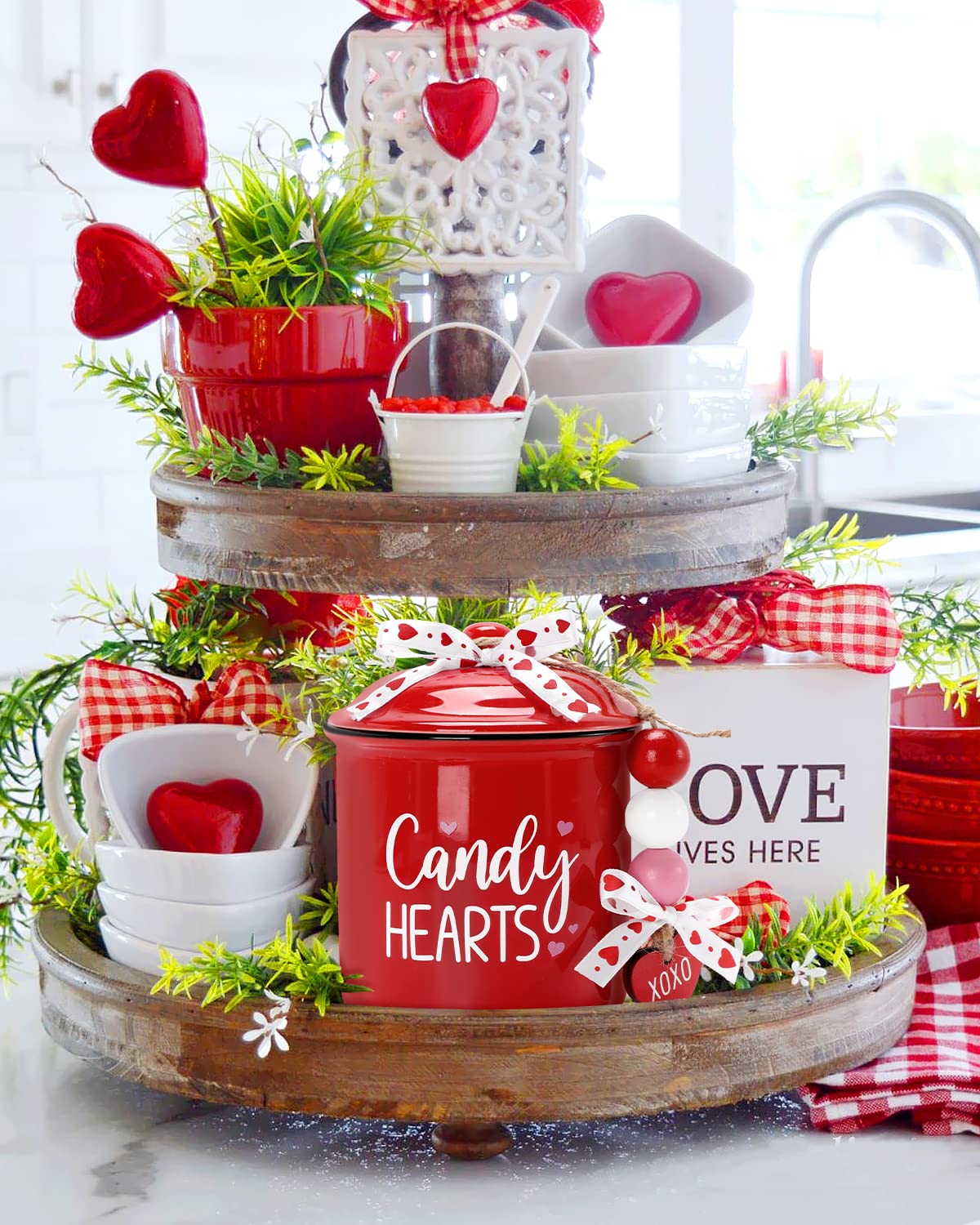 Candy Hearts Tiered Tray Decor Mini Ceramic Canister Valentine's Day Red Decorative Jar Xoxo Slice February 14th Love Candy Holder with Bowknot Home Kitchen Accessory Table Centerpiece Gift Set of 1