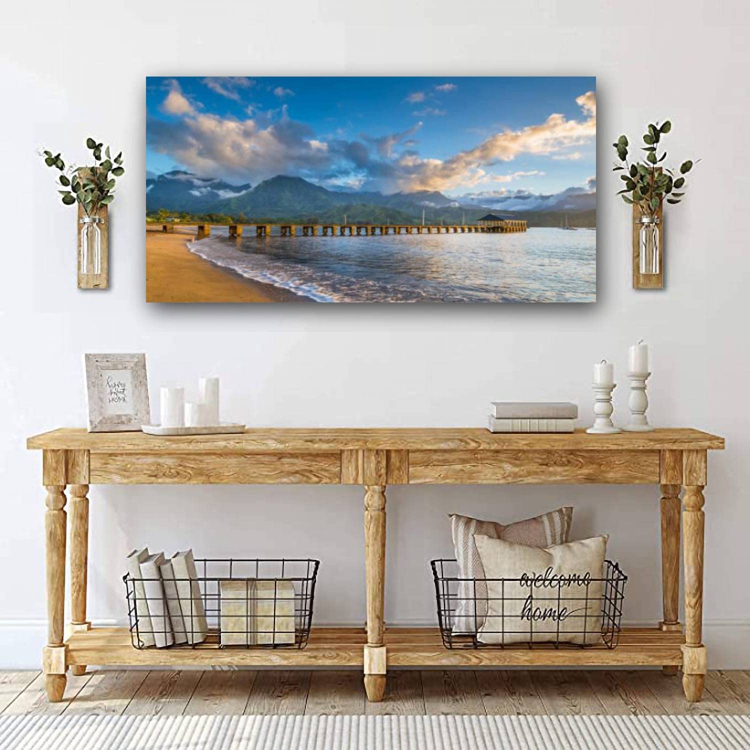 Canvas Wall Art Decor Hanalei Beach at Hanalei Bay Kauai Hawaii Print Pictures Poster Artwork Framed Paintings for Living Room Large Size Bathroom Bedroom Decorations