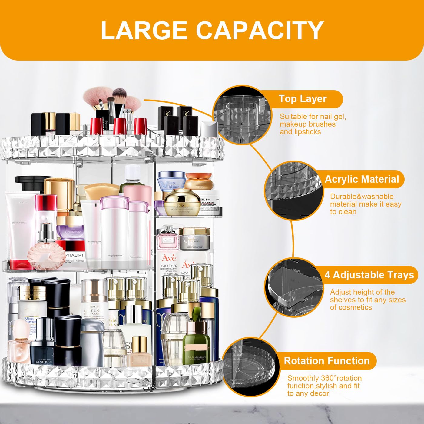 MISERWE Makeup Organizer 360 Degree Rotating 7 Adjustable Layers Large Capacity Cosmetic Organizer Transparent Make Up Organizers and Storage, Clear