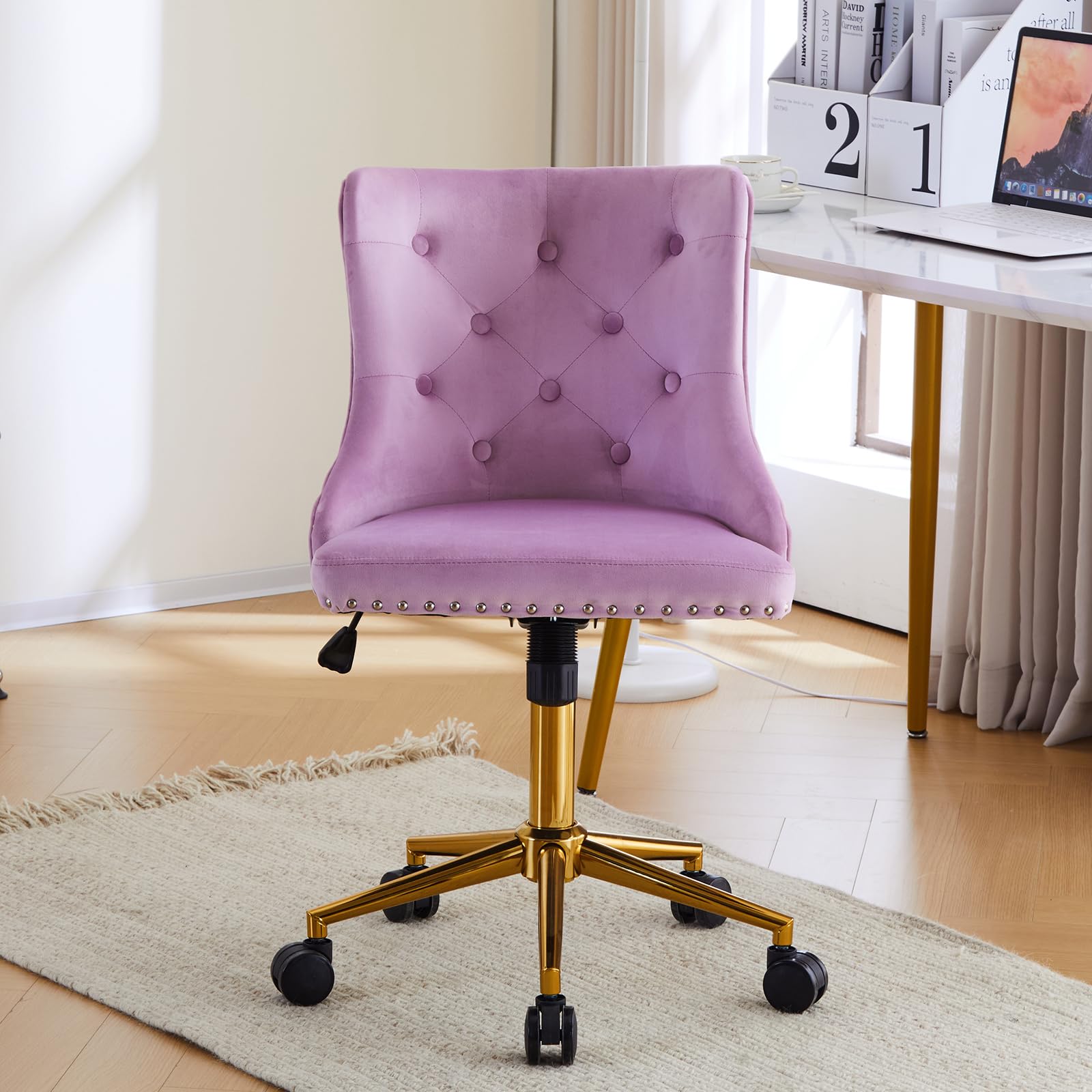 VINGLI Mauve Purple Armless Home Office Desk Chair with Gold Base/Wheels, Small Cute Vanity/Makeup Chair with Back for Bedroom, Upholstered Adjustable Rolling Swivel Nail Chair for Women/Girls