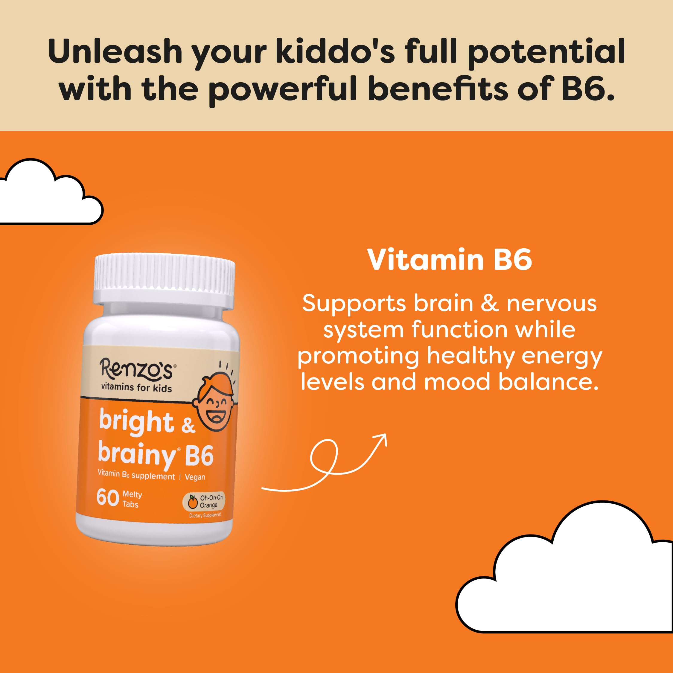 Renzo's Bright & Brainy Vitamin B6 - Dissolving Kids Vitamin B6-60 Sugar-Free Melty Tabs, Oh Oh Oh Orange Flavored