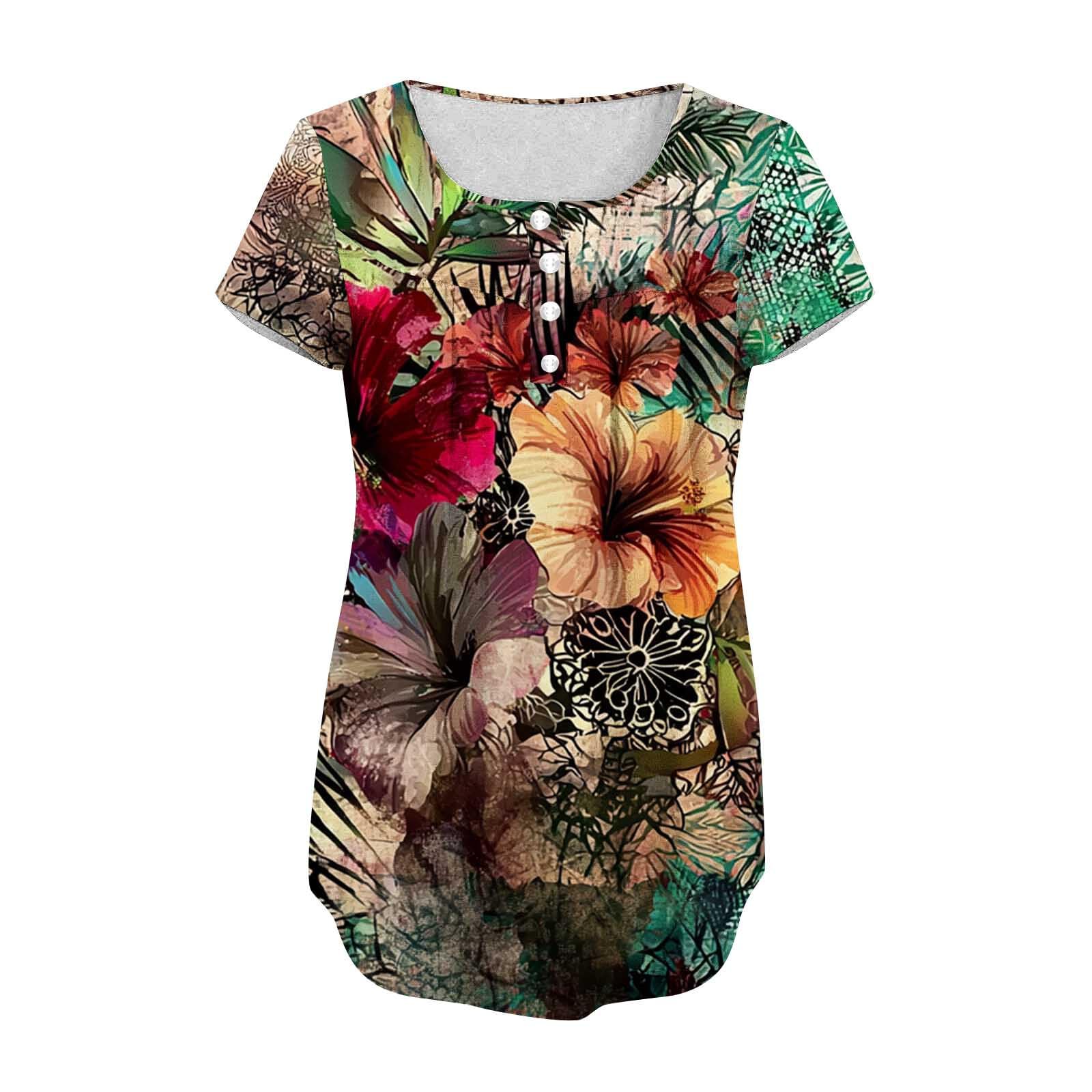 Tunics for Women Trendy Button Crewneck Tops Dressy Short Sleeve Shirts Floral Printed Loose Fit Pleated Boho Tops