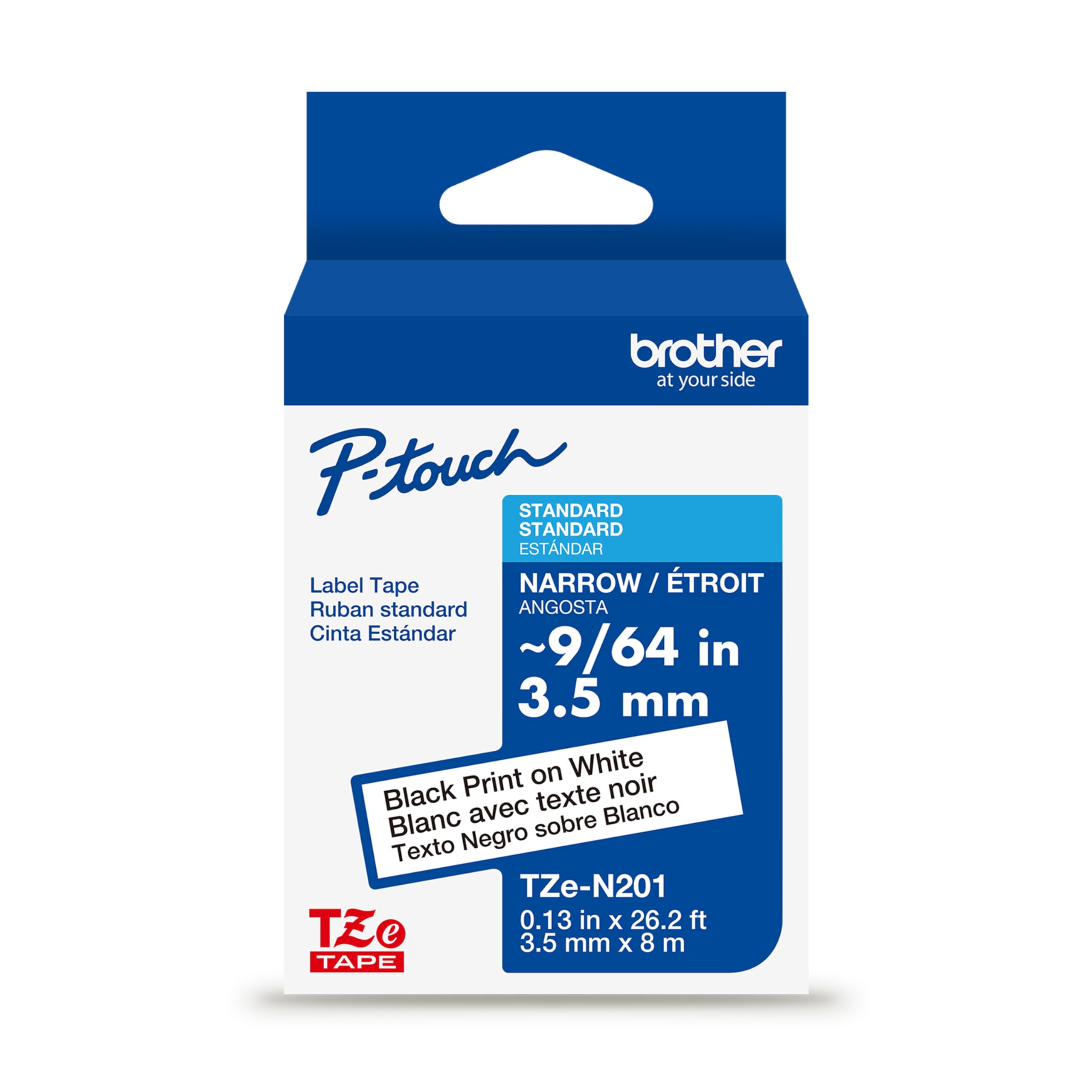 Brother Genuine P-Touch TZE-N201 Tape, 9/64" (0.13") Wide Super-Narrow Non-Laminated Tape, Black on White, Recommended for Home and Indoor Use, 0.13" x 26.2' (3.5mm x 8M), Single-Pack, TZEN201