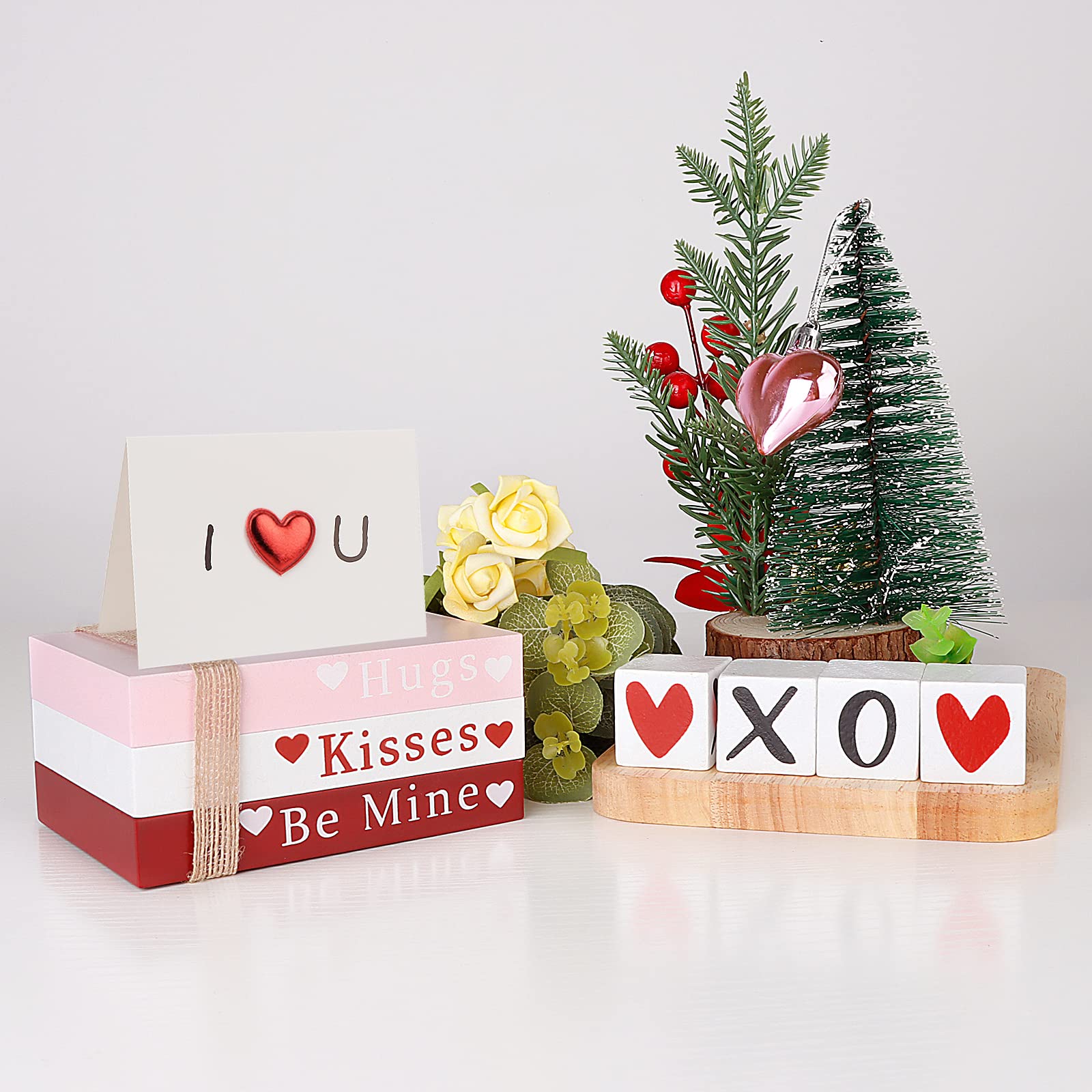 Valentines Day Decor, Wooden Book Stack with 4 XOXO Valentines Decor Signs, Valentines Day Decorations for The Home, Tiered Tray, Coffee Table, Fireplace Mantel, Shelf - Valentines Decorations Indoor