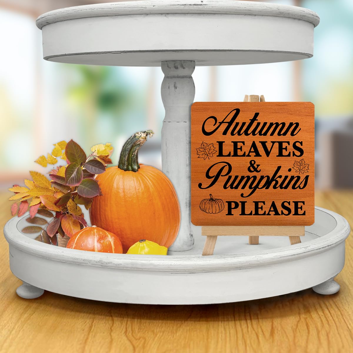 Fall Decor Autumn Leaves and Pumpkins Please Wood Sign with Easel Autumn Decorations for Home Desk Table Shelf, Fall Tiered Tray Decor