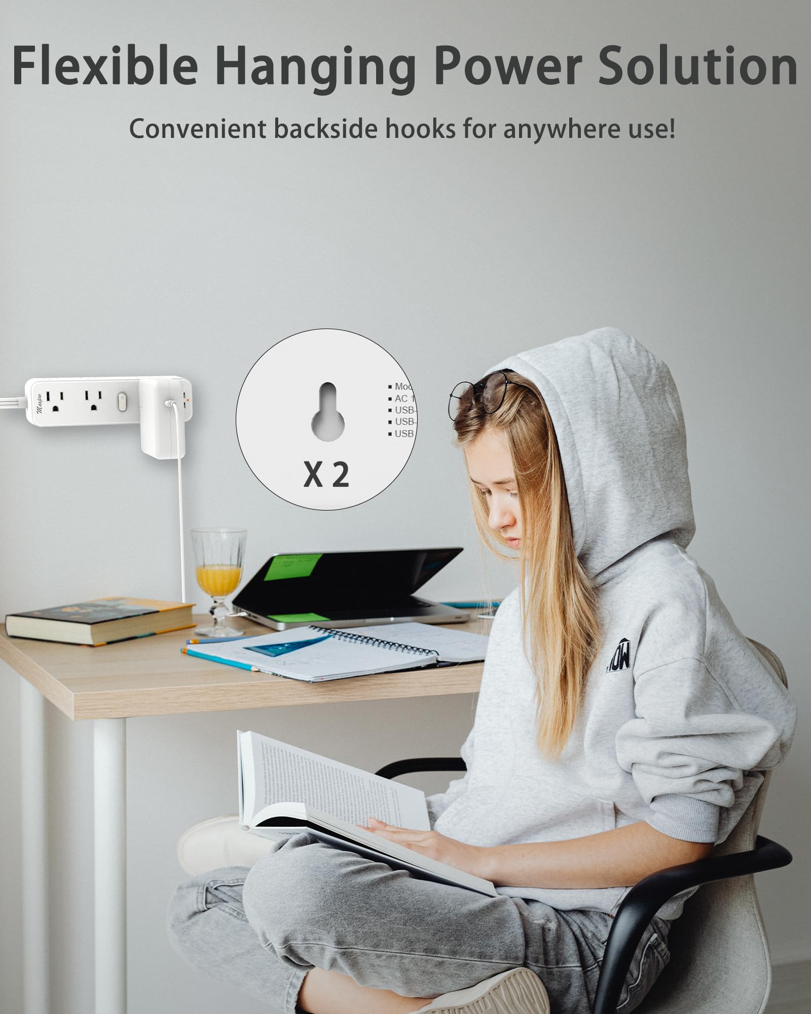 6 FT Flat Plug Extension Cord Surge Protector, Power Strip with 9 Outlets Extender and 4 USB Ports (2 USB-C), 2100 Joules, Wall Mount, Desk Charging Station for Home, Office, Travel, White