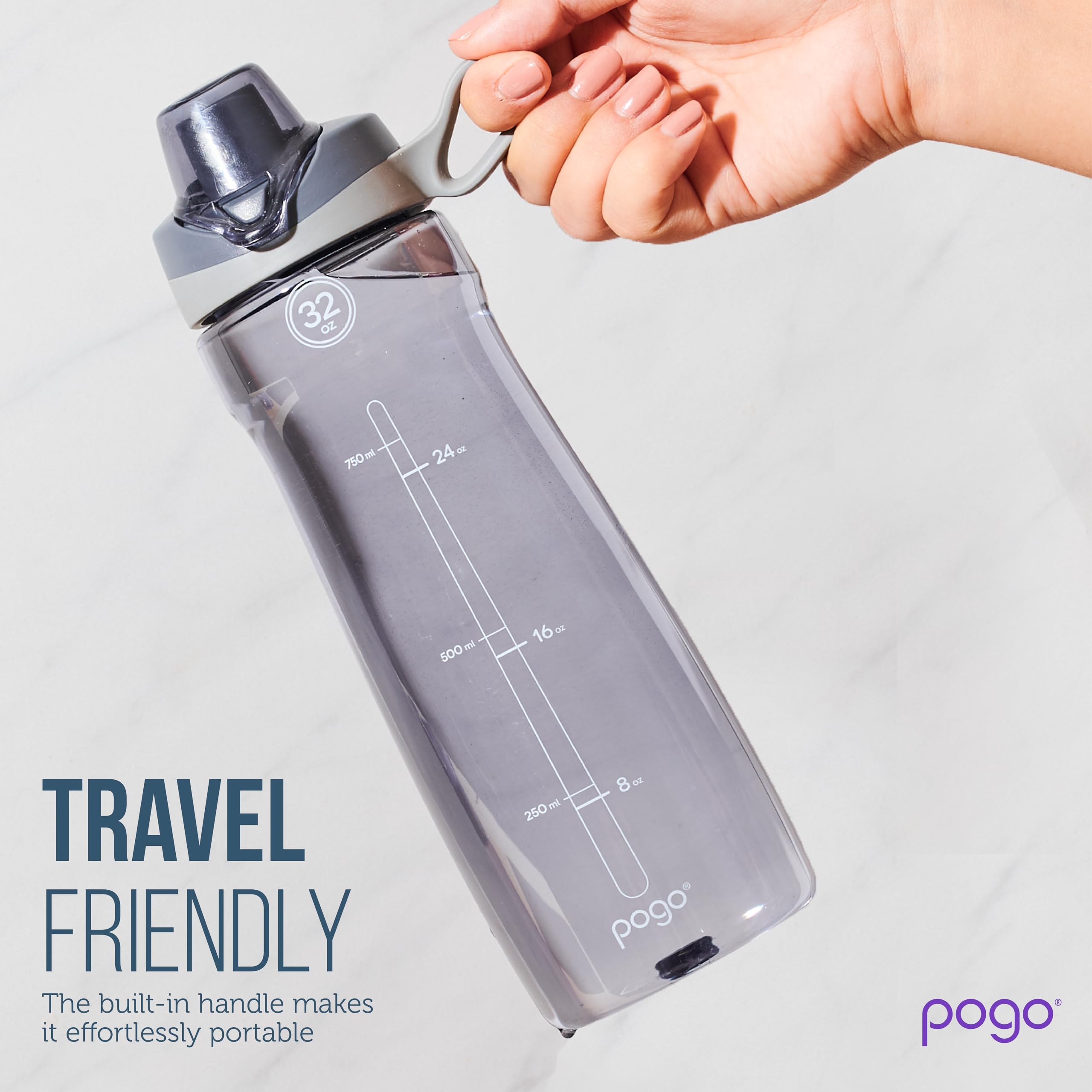 Pogo BPA-Free Tritan Plastic Water Bottle with Chug Lid, 32 Oz, Grey