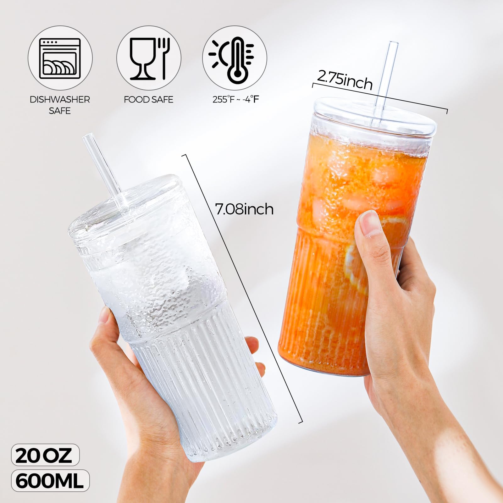 2PCS Glass Cups with Lids and Glass Straws, 20OZ Iced Coffee Cups, Home Essential and Coffee Bar Accessories Borosilicate Glass Tumblers with Lid and Straw for Beer, Cocktail, Tea and Latte, Clear