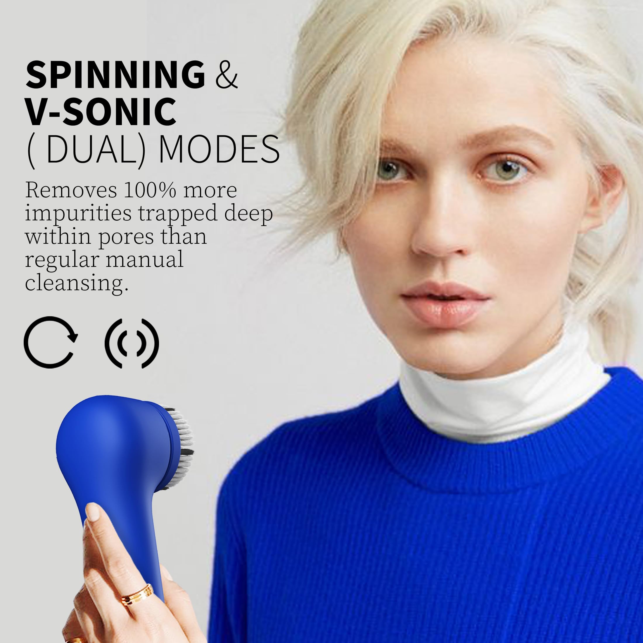 Spinning & V-Sonic Face Scrubber, NågraCoola 3.0 Facial Cleansing Brush, Waterproof & Rechargeable Face Scrub Brush for Men & Women with 3 Brushes, 3 Intensities, 2 Action Modes - Blue