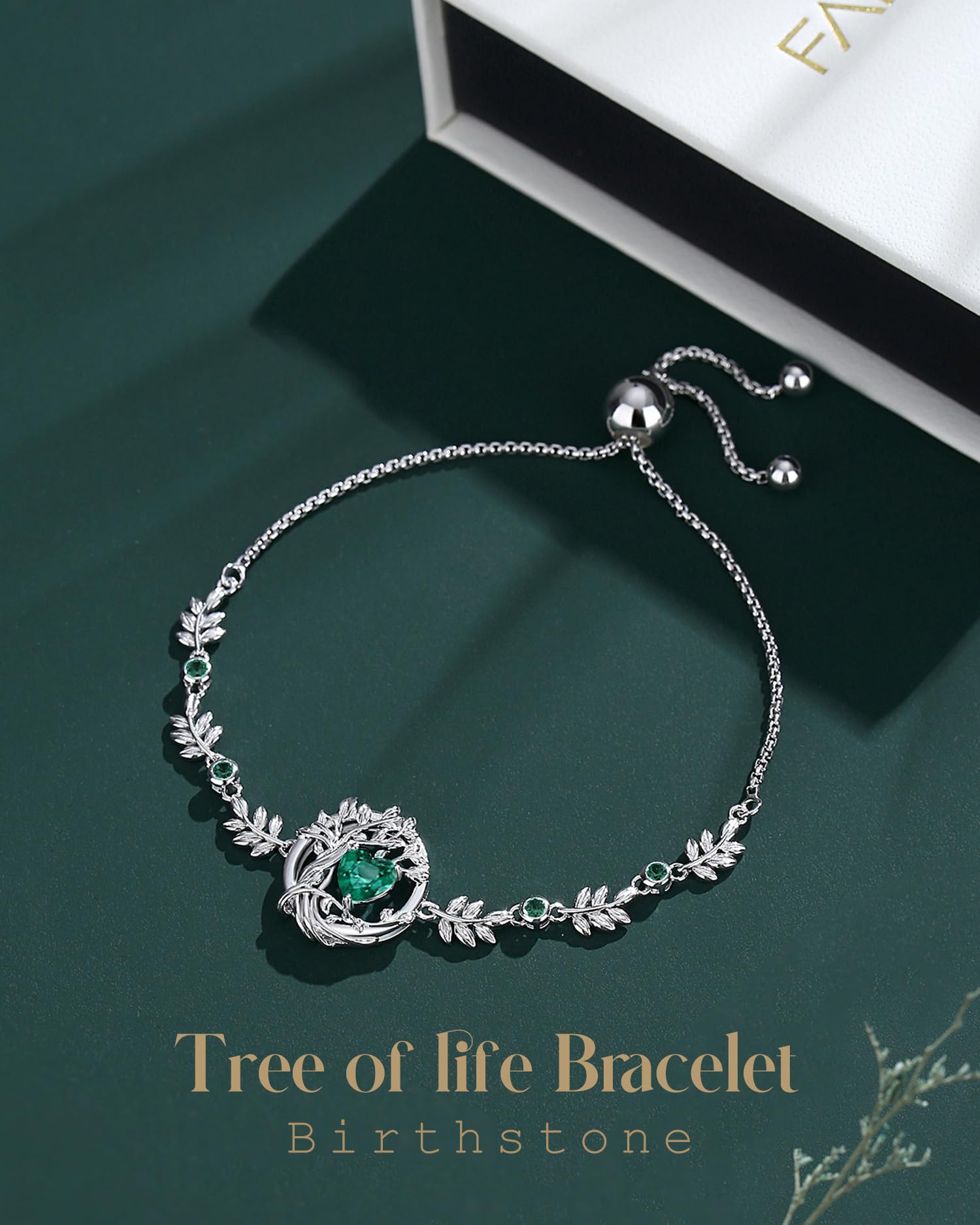 FANCIME Tree of life Birthstone Bracelet for Women Sterling Silver Tree Jewelry Emerald Charm Bracelet May Birthday Green Gemstone Anniversary Christmas Gifts for Girlfriend Wife Mom Her