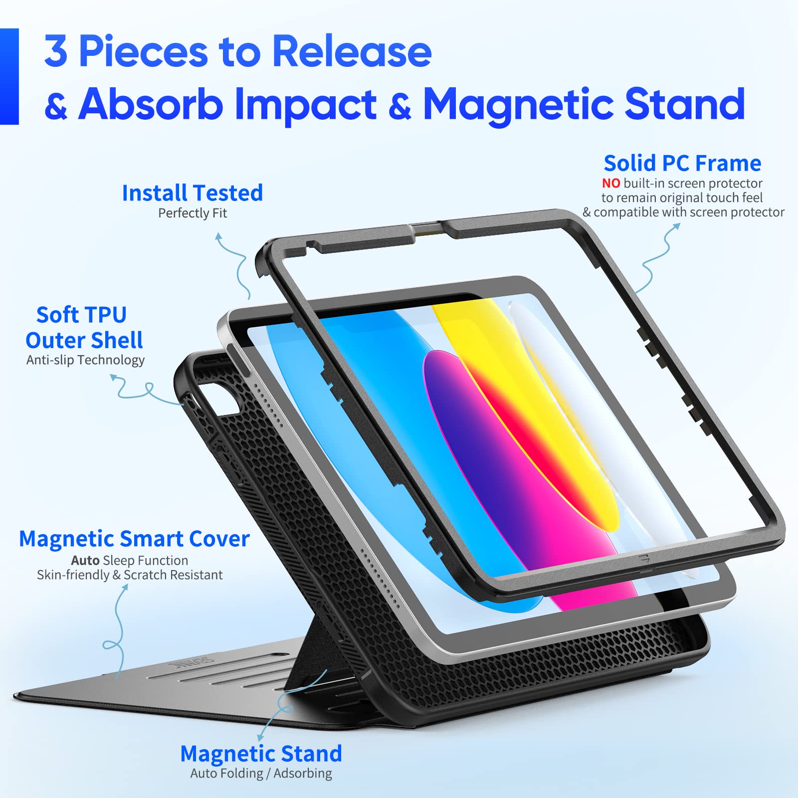 SEYMAC stock Case for iPad 10th Generation 10.9'', Strong Magnetic Auto Sleep Shockproof Case with Absorbing Multi-Angles Stand, Pen Holder, Card Slot (Black)