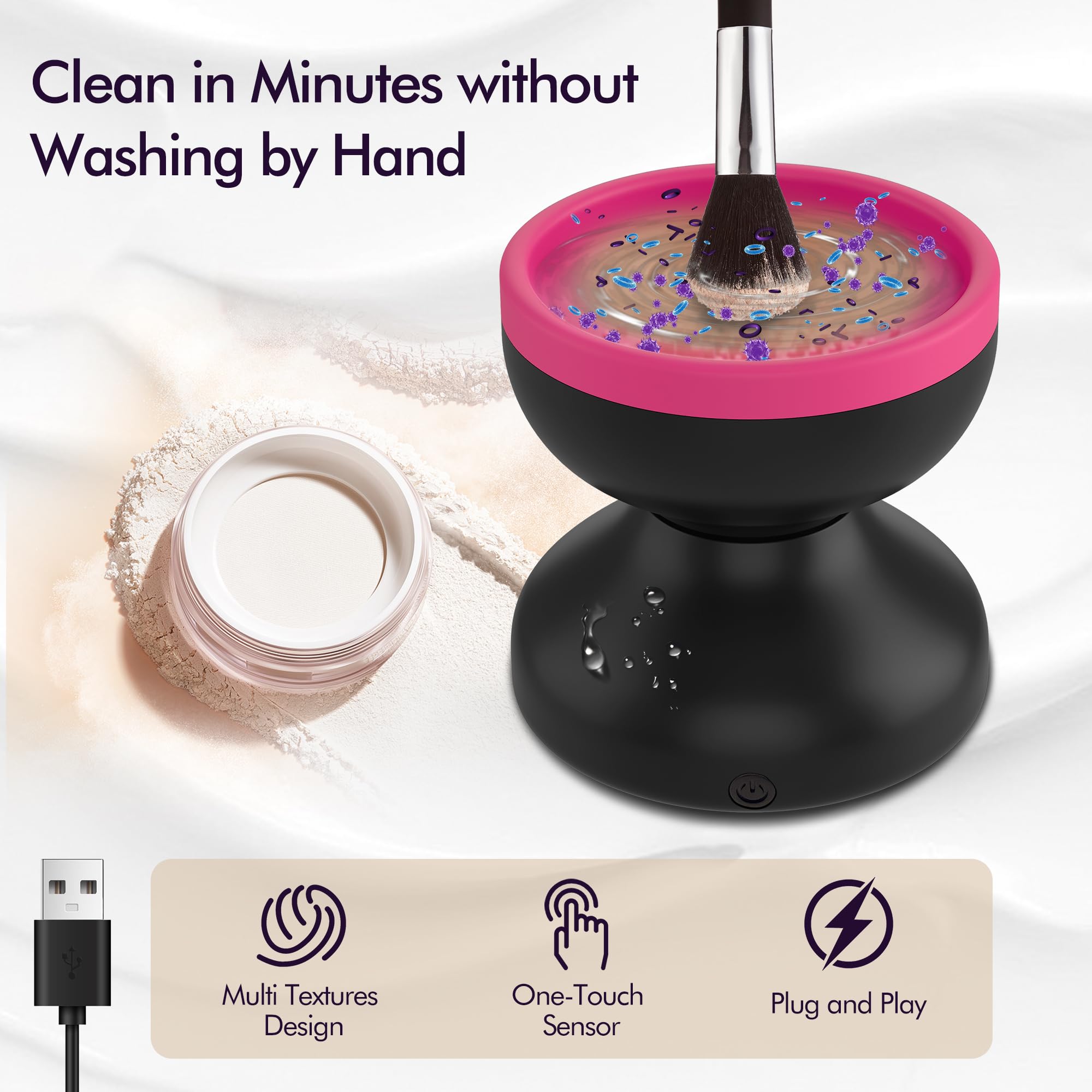 Reiyu Makeup Brush Cleaner Machine, Efficient Electric Makeup Brush Cleaner, Automatic Spinning Make Up Brush Cleaner Fit for All Size Cosmetic Brush（Black）