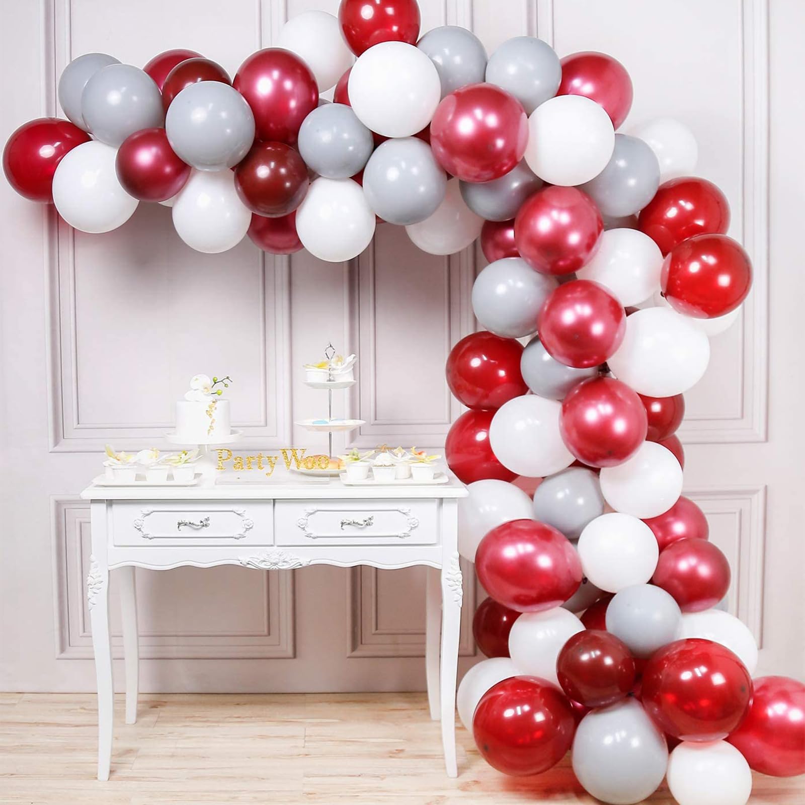 PartyWoo Burgundy Balloons 60 pcs 12 Inch Maroon Gray White Ruby Red Dark Red Grey Helium Balloons for Graduation Christmas Wedding Thanksgiving Memorial Day Baby Shower Birthday Party Decorations