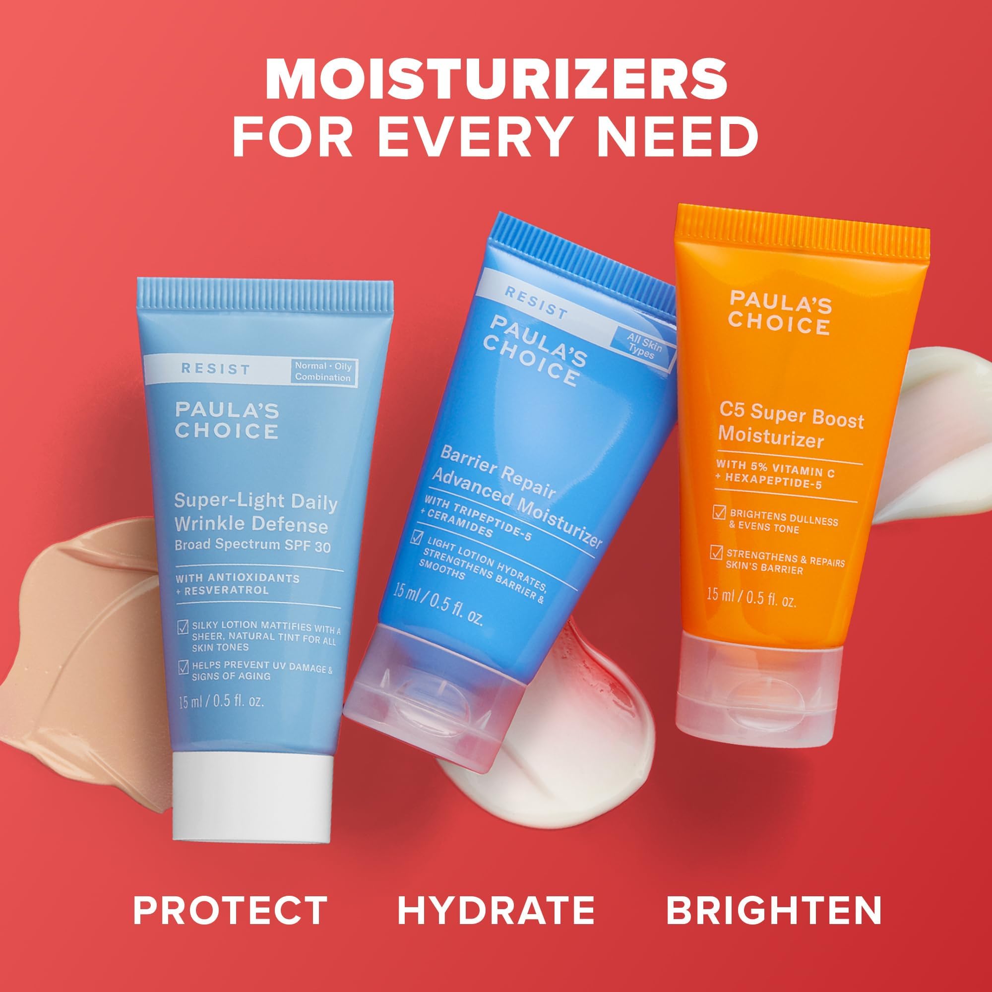 Paula’s Choice Hydration Trio Travel Essentials Mini Kit, Includes C5 5% Vitamin C Moisturizer, RESIST Barrier Repair Moisturizer and RESIST Wrinkle Defense Matte Tinted Moisturizer SPF 30, Set of 3