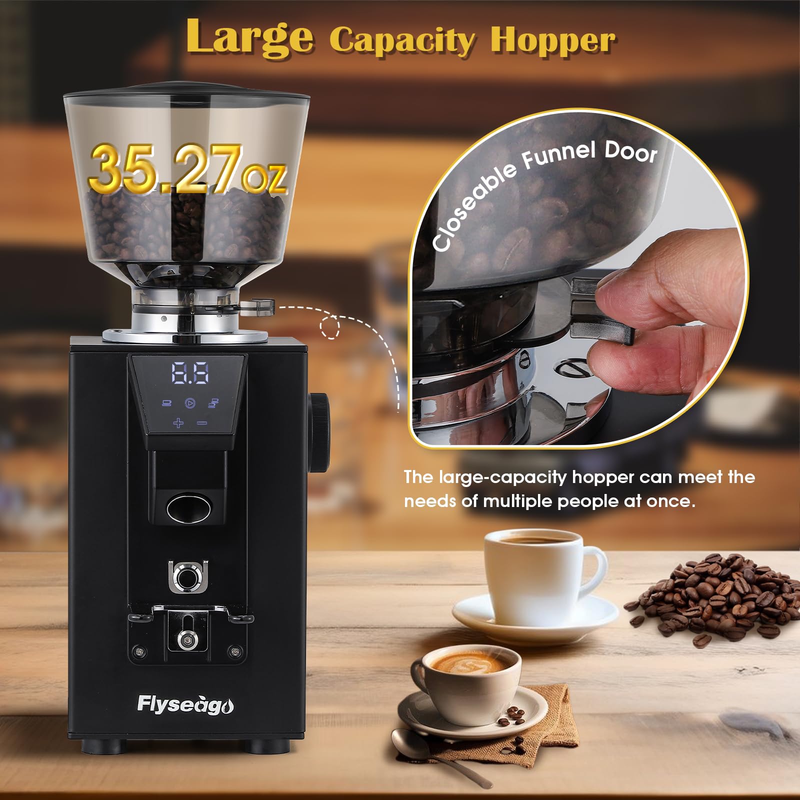 Flyseago Commercial Coffee Grinder Electric 400w Flat Burr Coffee Bean Grinder with 18 Precise Settings Touch Control Espresso Machine with Large Capacity Hopper, Coffee Grounds Tray, Black Square