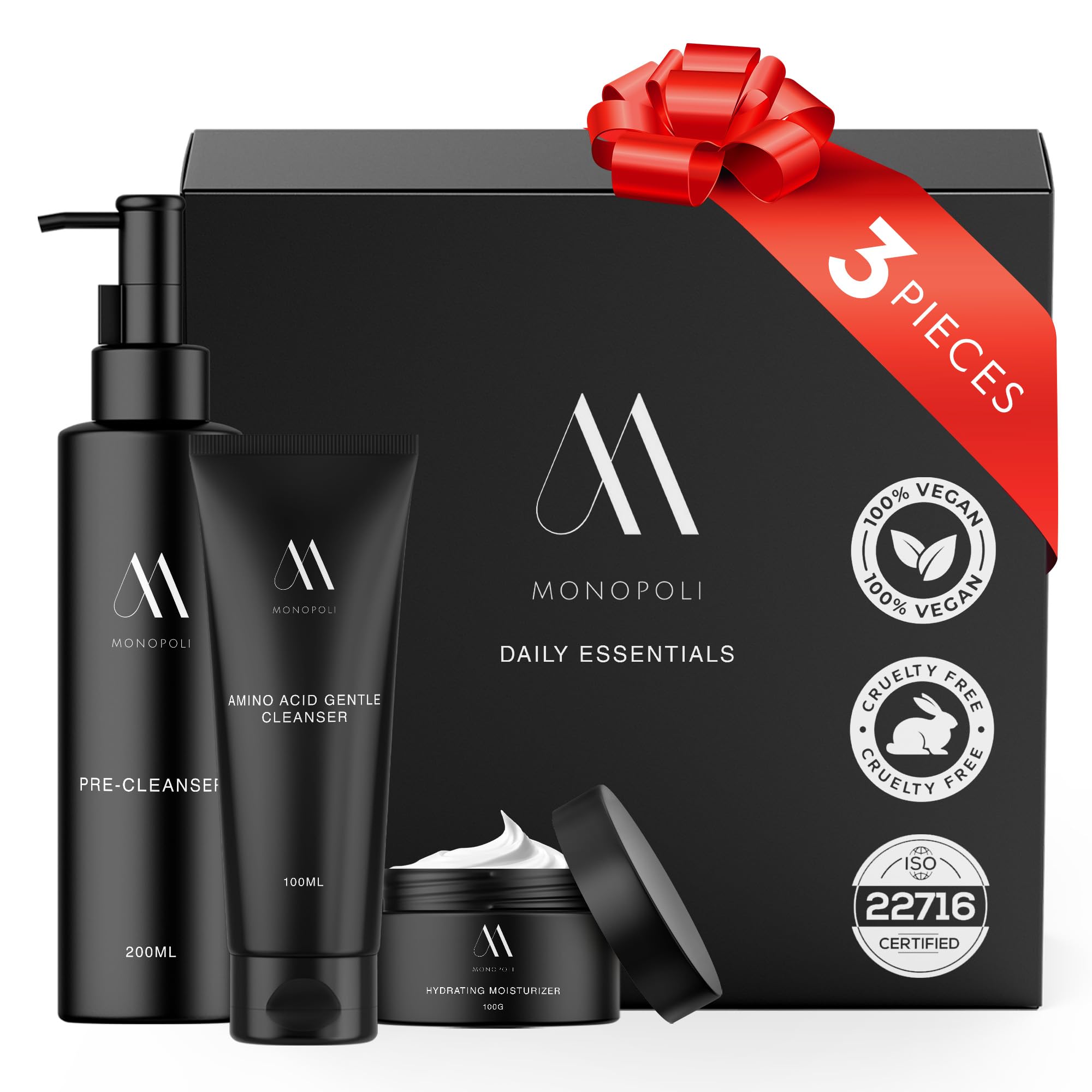 Monopoli Skin Daily Essentials Kit | 3-Piece Skincare Set with Pre-Cleanser, Amino Acid Gentle Cleanser & Hydrating Moisturizer | Essential Collection for Radiant Skin | Perfect Christmas Gift