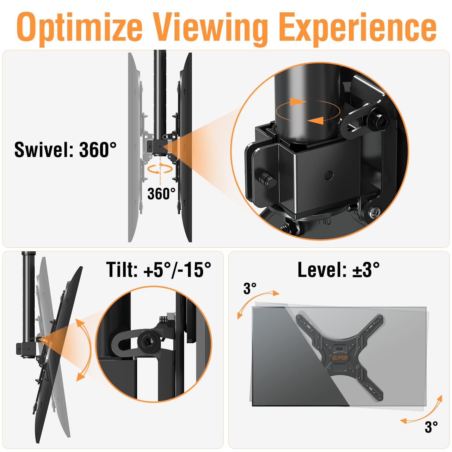 ELIVED Ceiling TV Mount Fits Most 26-65 Inch LED, LCD OLED Flat Screen TVs, Full Motion Height Adjustable TV Mount Bracket, Swivel and Tilt TV Bracket, Max VESA 400x400mm, Holds up to 99 lbs. YD3015