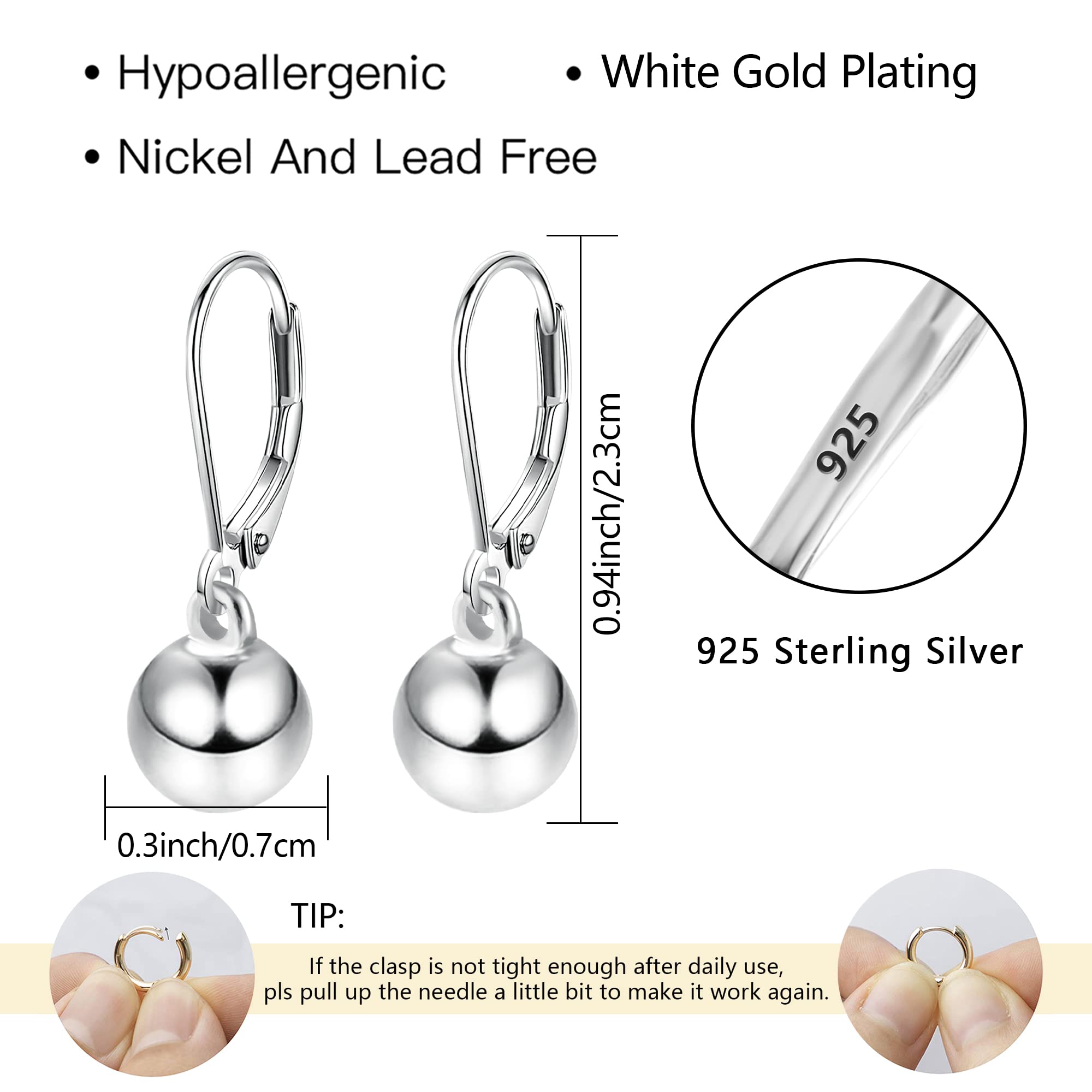 925 Sterling Silver Drop Dangle Ball Earrings for Women 8MM Ball Earrings Fashion Trendy Jewelry Hanging Ball Teardrop Earrings