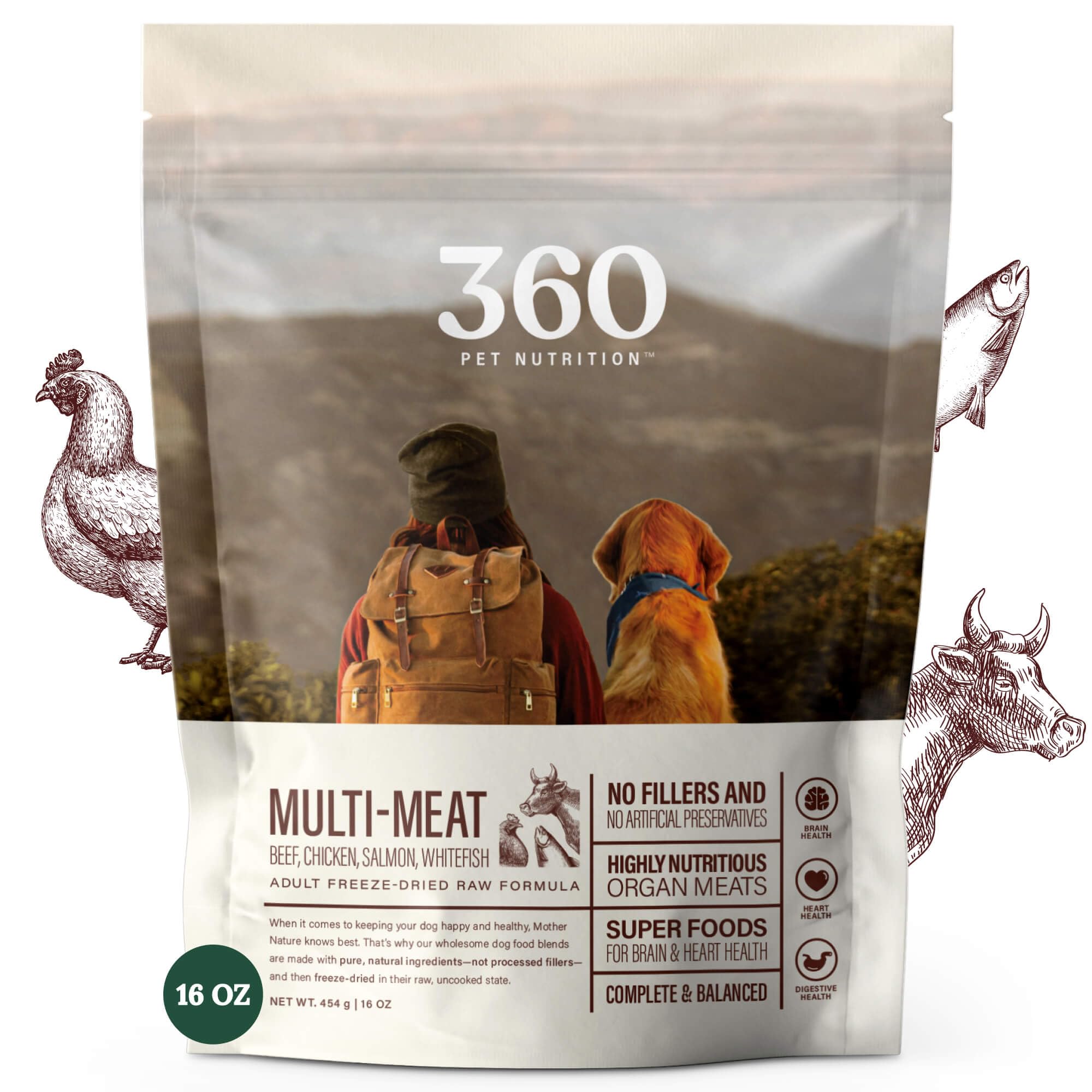 360 Pet Nutrition Raw Freeze-Dried Dog Food, High Protein, Complete Balanced Meal with Beef, Chicken,Organs, Whitefish, Omega-3, Fruit&Veg, Superfoods, No Fillers, 16oz Food/Bites/Kibble (Multi Meat)