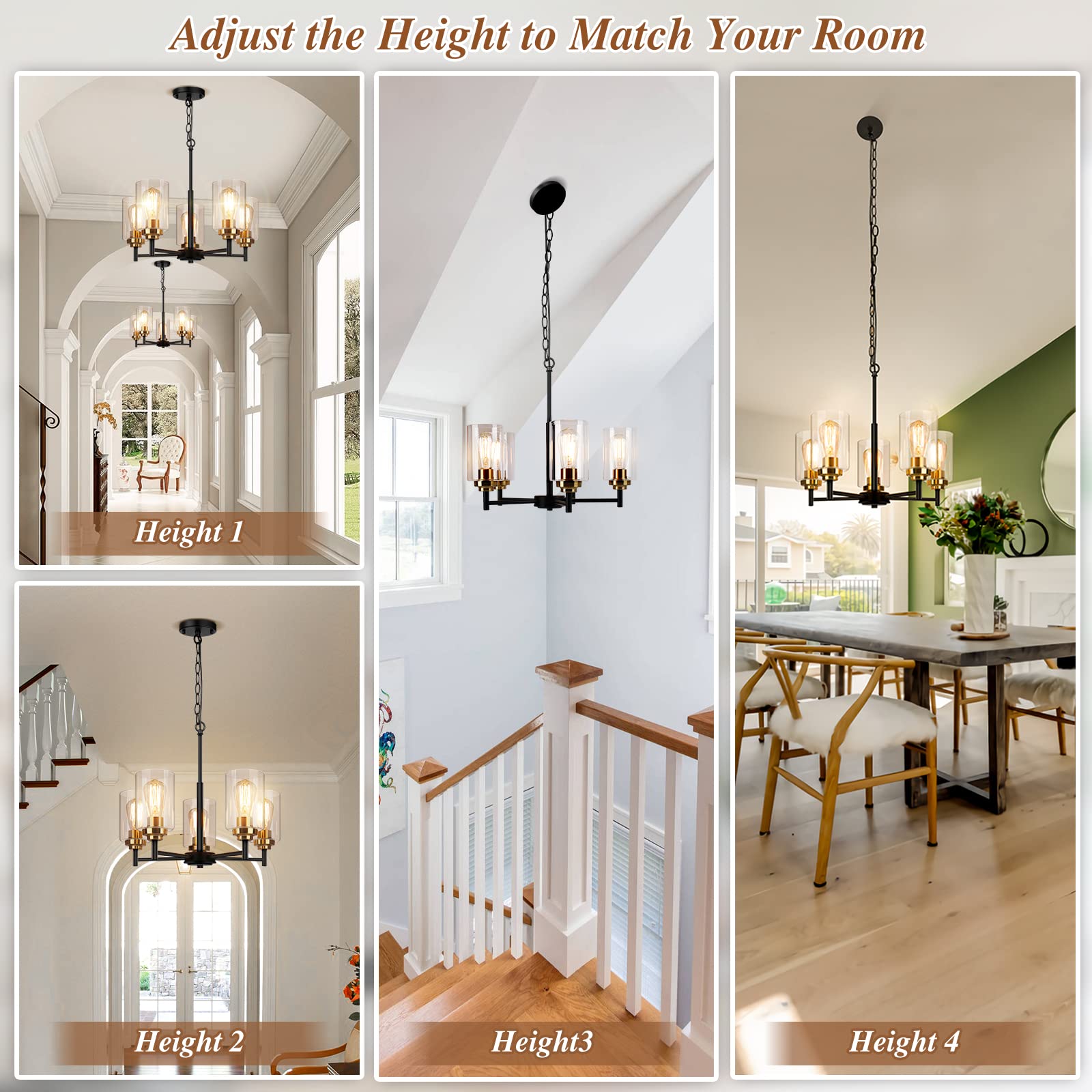 5-Light Chandelier for Dinning Room Kitchen Island Modern Farmhouse Pendant Lighting with Clear Glass Shades Industrial Black Hanging Ceiling Light Fixture for Foyer Living Room, Height Adjustable