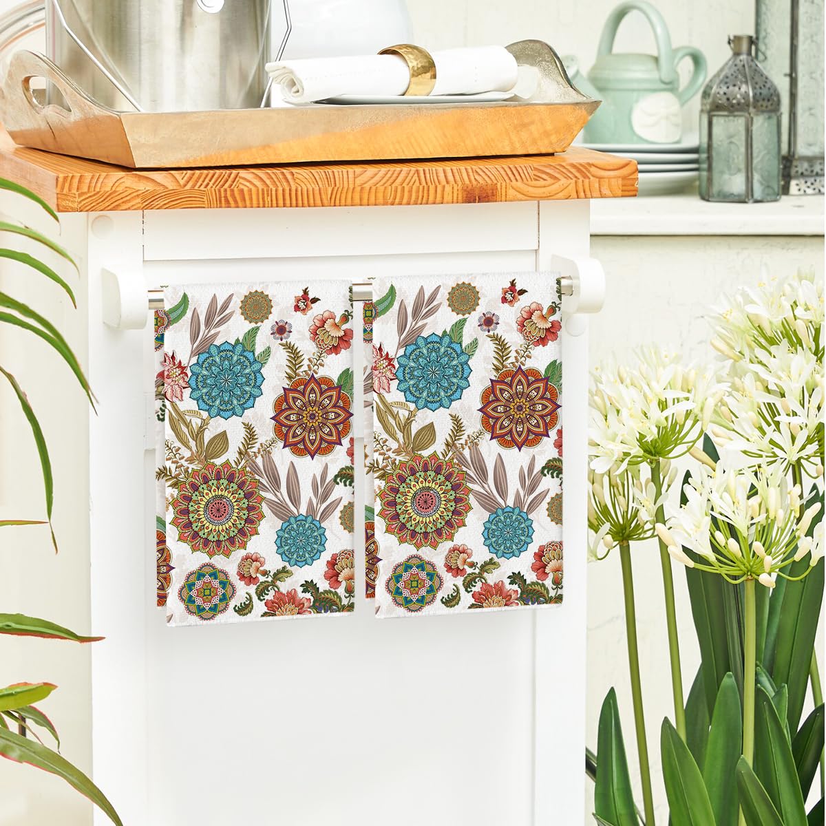 Artoid Mode Bohemian Floral Mandala Spring Kitchen Towels Dish Towels, 18x26 Inch Seasonal Decoration Hand Towels Set of 2