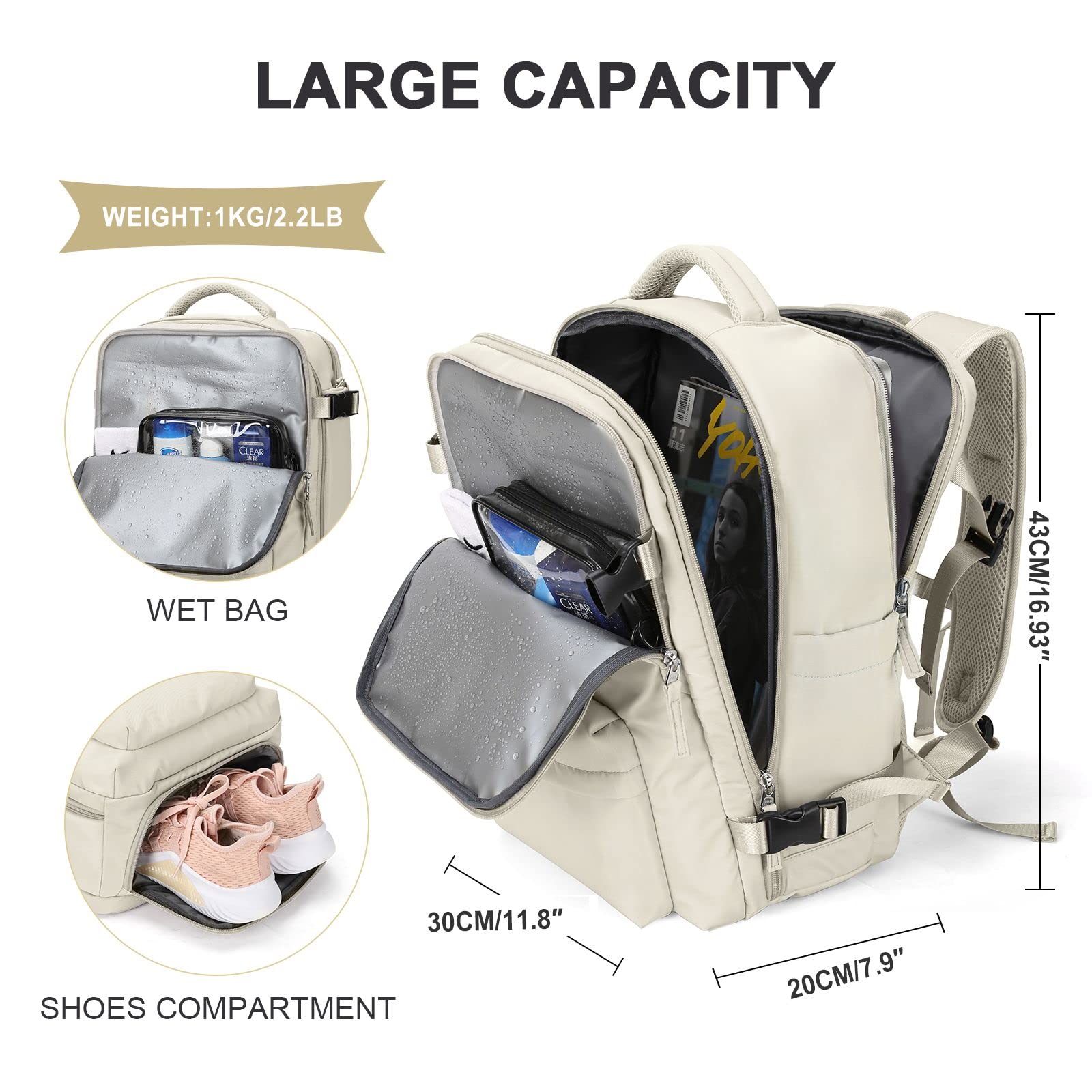 Large Travel Backpack Women Carry On Backpack Flight Approved Hiking Waterproof Rucksack Casual Daypack Laptop bags for airplanes Shoes Compartment Personal Item Travel Weekender Bag Essentials Beige