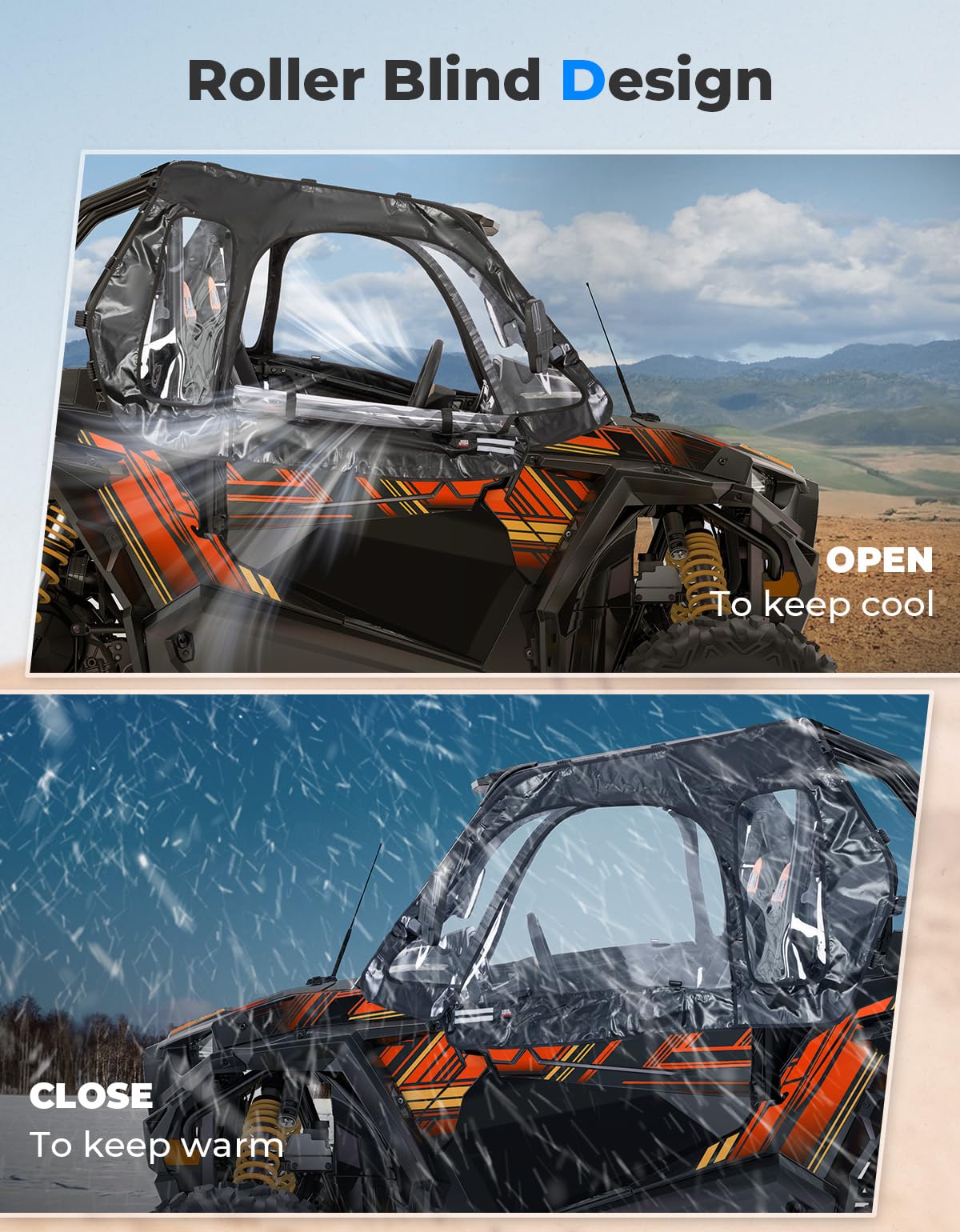 KEMIMOTO Soft Upper Doors Fit with Side Mirrors and Windshields, Compatible with Polaris RZR XP 1000 / XP Turbo 2014-2023 UTV Cab Enclosures Upgrade Zippers 3-Pane Window - 2 Seater