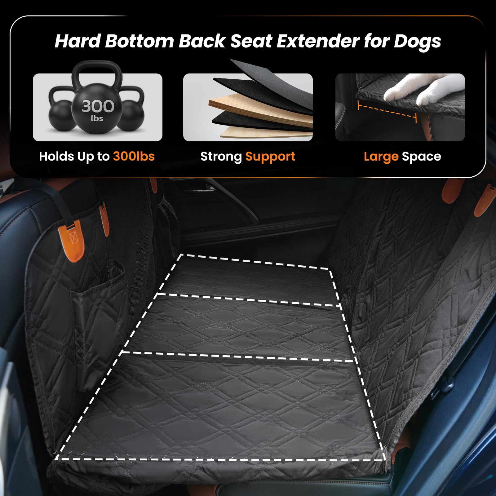 Roilpet Dog Car Back Seat Cover, Pet Car Hammock for Back Seat with Adjustable Belt, Universal Fit for Cars, Trucks, SUV, Back Seat Extender for Dogs, Black