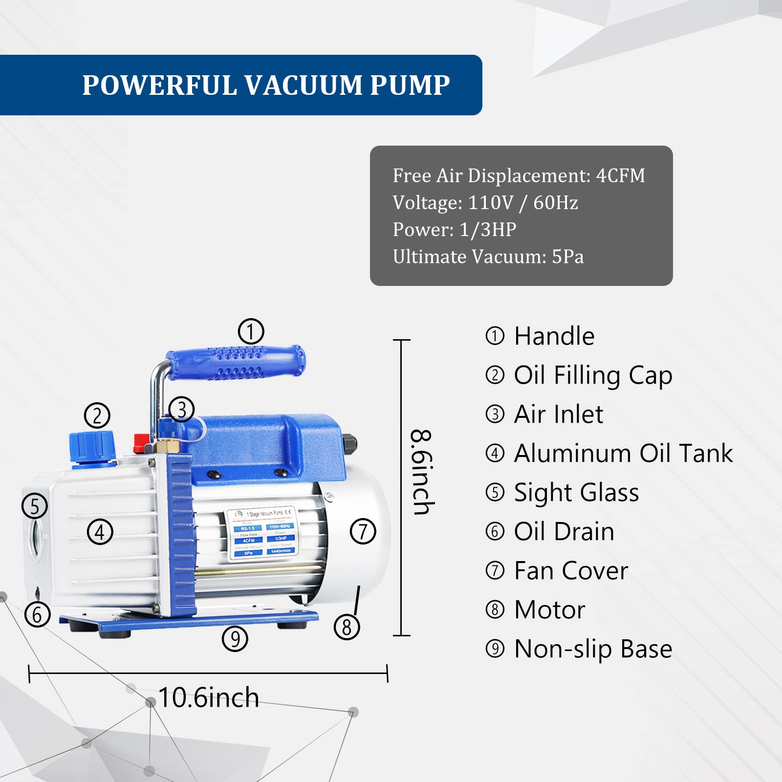 P PBAUTOS 4CFM 1/3HP Single Stage Vacuum Pump and 4-Way Manifold Gauge Set for R410a, R22, R134A, R404A Refrigerants for HVAC A/C Refrigeration Recharging and Maintenance, Without Oil