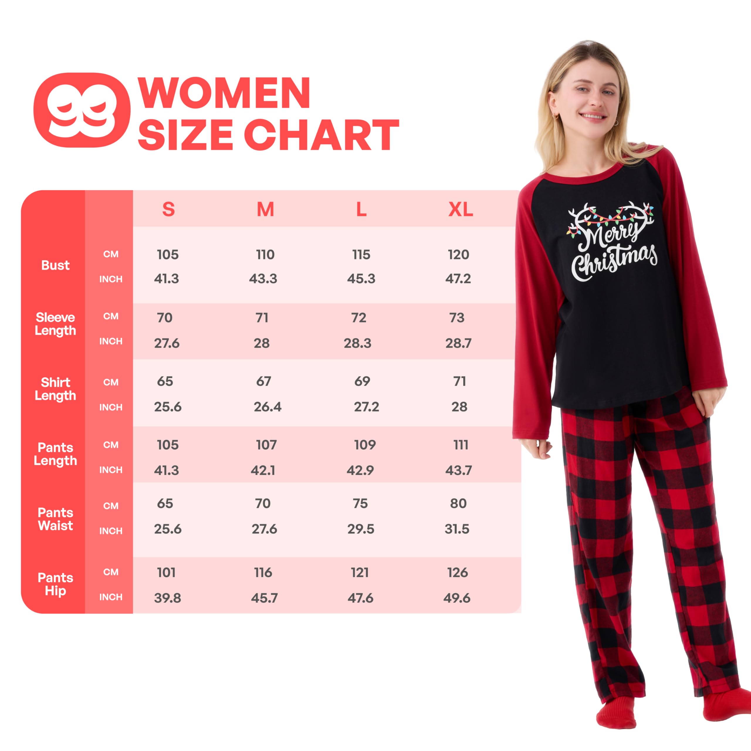 Giggling Getup Red Black Plaid Adult Womens Christmas Pajamas, Christmas Pajamas Women Set with Plaid Pajama Pants and Top, for Holiday Pajamas Party-L