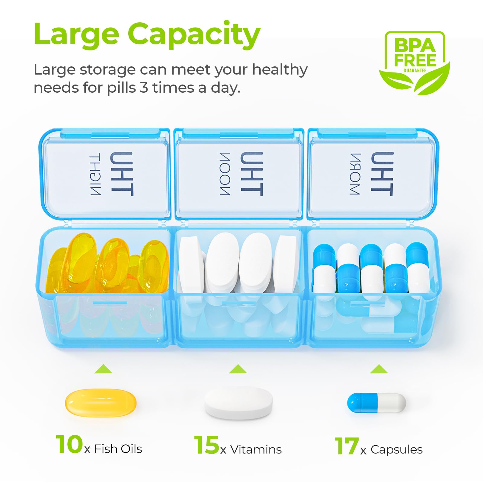 AUVON Weekly Pill Organizer 3 Times a Day with Moisture-Proof Design, Large Pill Box 7 Day Easy to Use, Portable Pill Case for Travel with Double Protection, Pill Containers for Vitamins, Medications