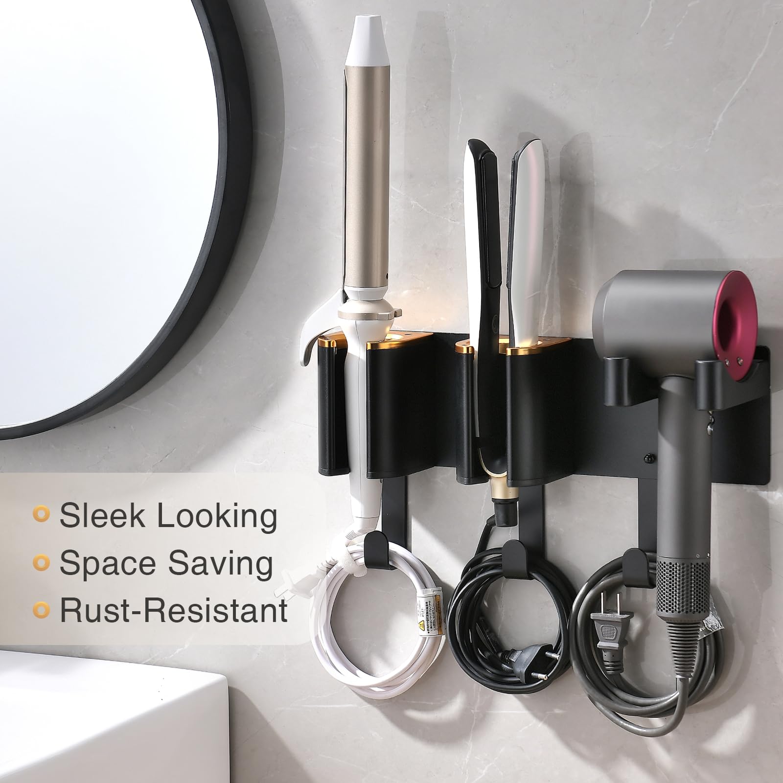 HAVICATO Hair Dryer Holder Wall Mount, Curling Iron Holder, 3 in 1 Hair Tool Organizer for Bathroom Vanity, Hair Straightener Holder, Aluminum Alloy Black