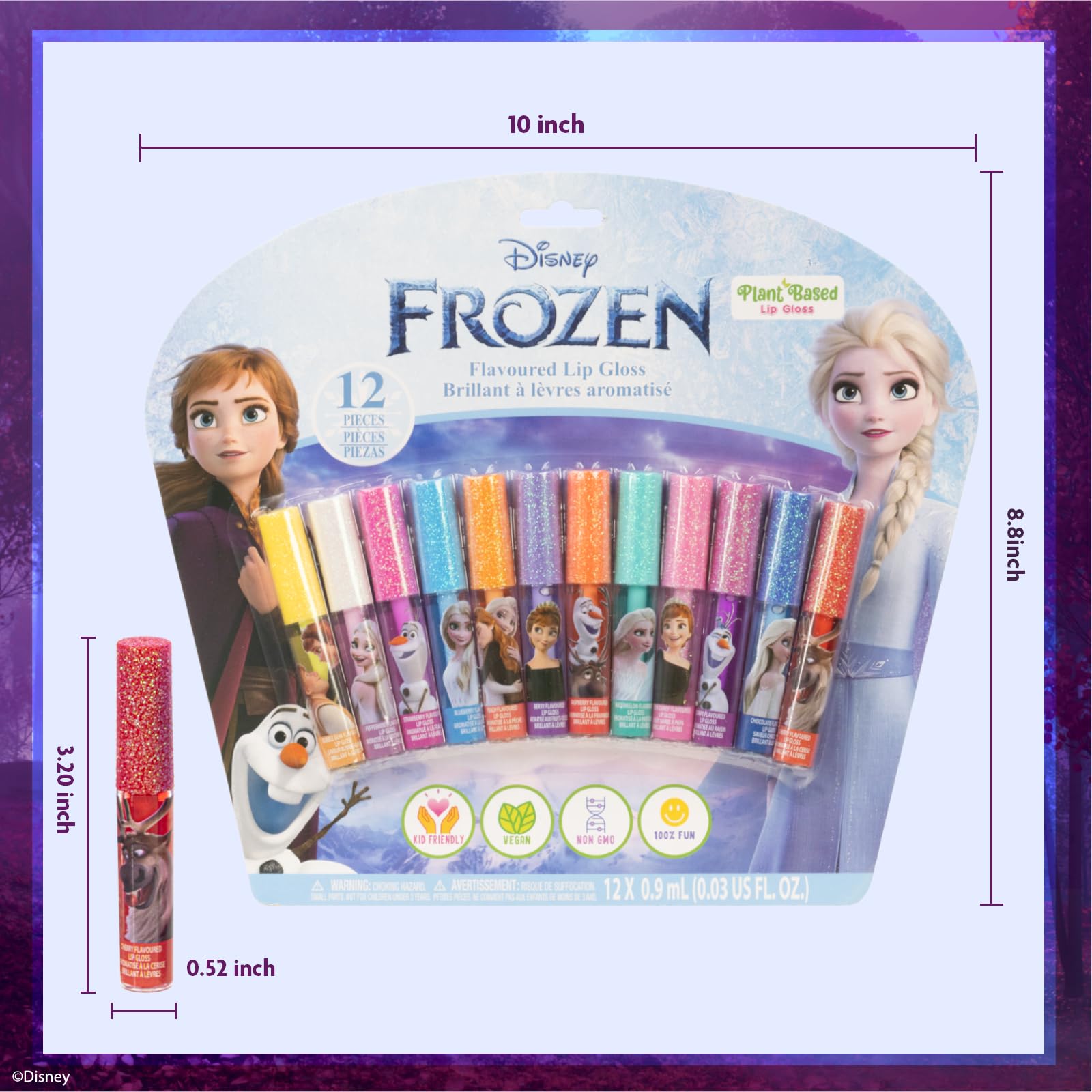 Townley Girl Disney Frozen 12 Piece Plant Based Lip Gloss, Girls Party Favors, First Makeup Set for Girl, Perfect for Parties, Sleepovers, and Birthday Gifts, Elsa and Anna, Ages 3