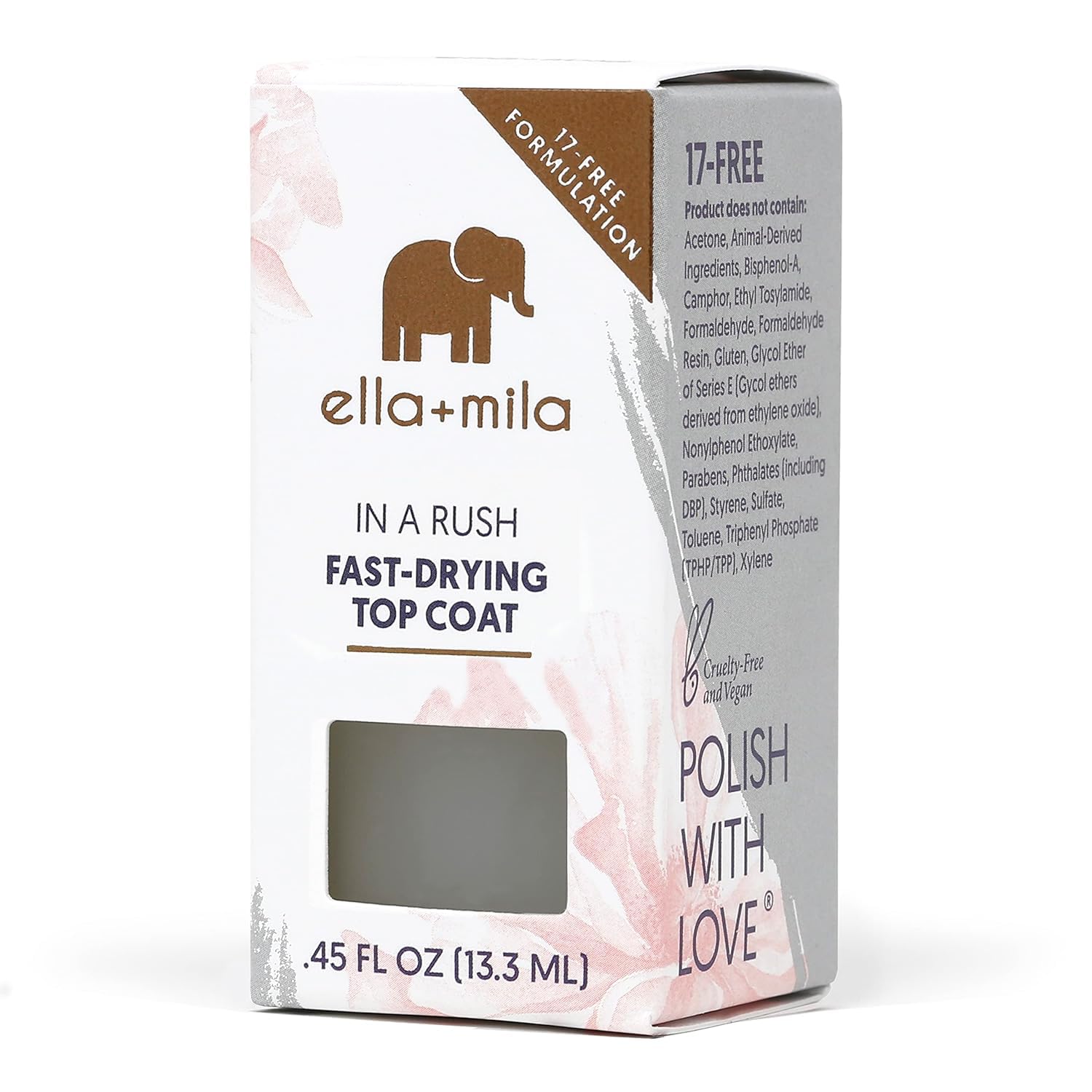 ella+mila "In a Rush Fast Dry Top Coat Nail Polish with High Glossy Shine. This clear nail polish features a UV inhibitor to resist yellowing and comes in a 0.45 fl oz bottle