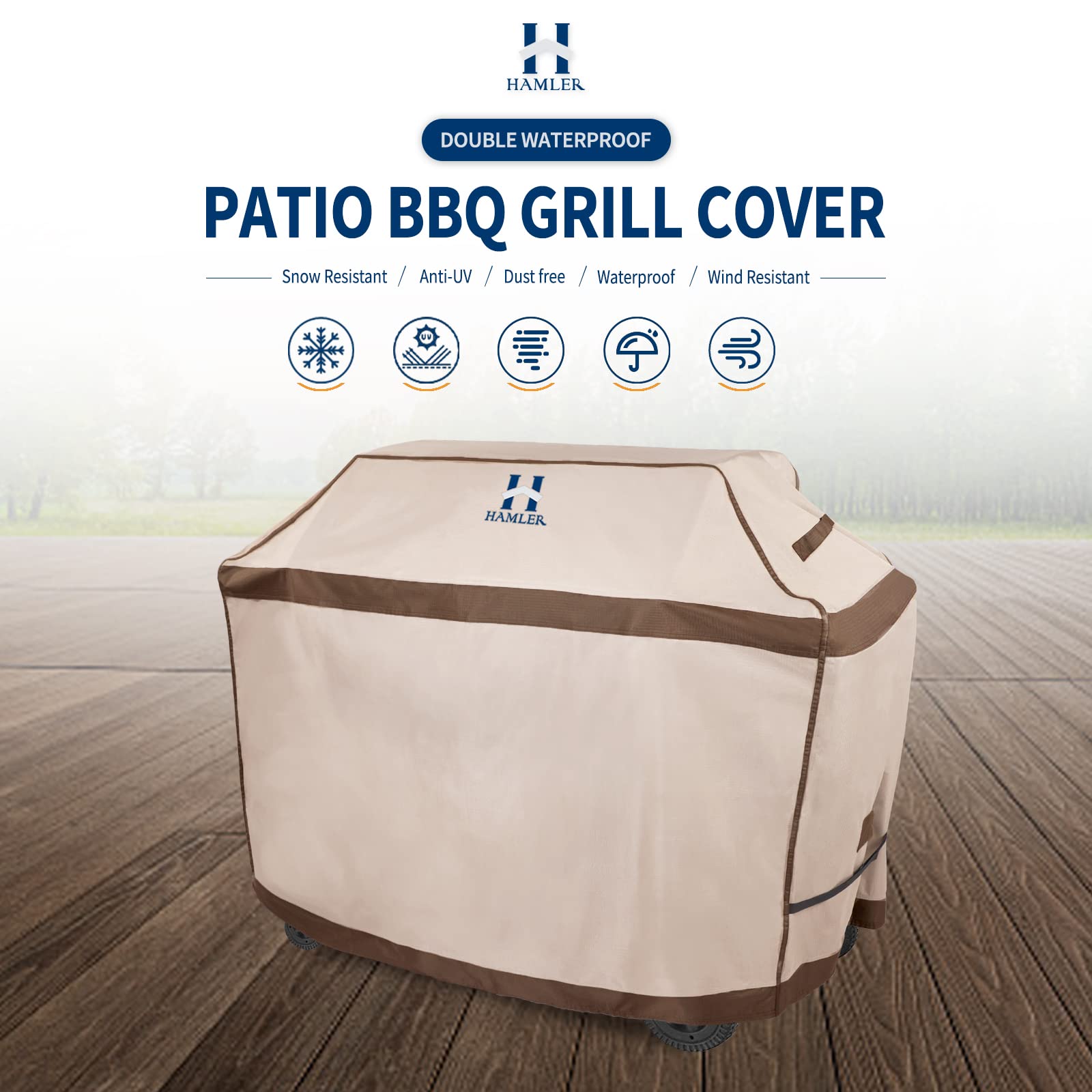 HAMLER Grill Cover 60 Inch, Heavy Duty Waterproof BBQ Covers, Gas Grill Covers Fits Weber Spirit, Weber Genesis, Char-Broil, Nexgrill, Brinkmann, Brown & Beige