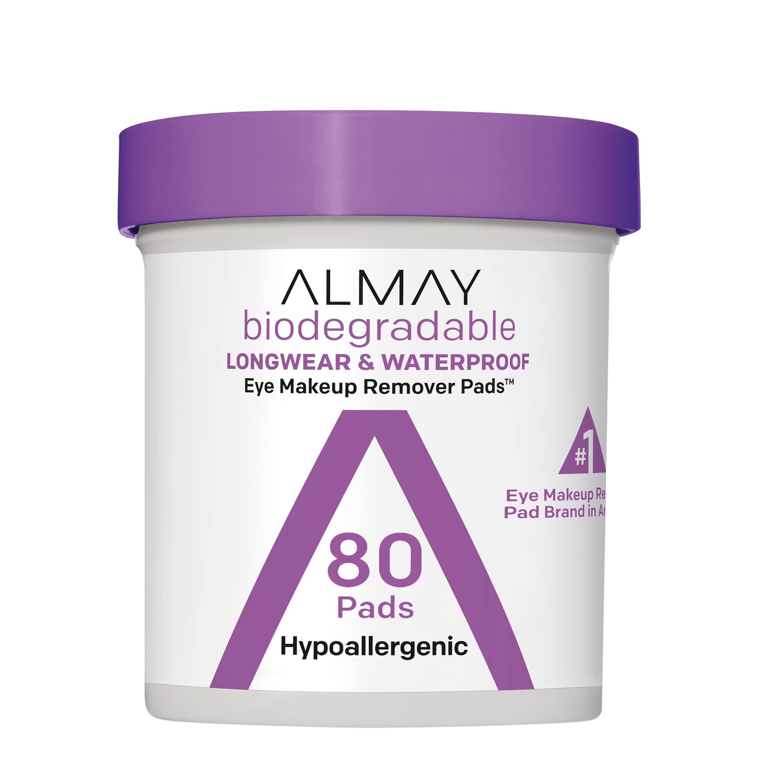 Almay Biodegradable Eye Makeup Remover Pads, Longwear & Waterproof, Stocking Stuffer for Women, Hypoallergenic, Fragrance-Free, 80 Count (Pack of 1)