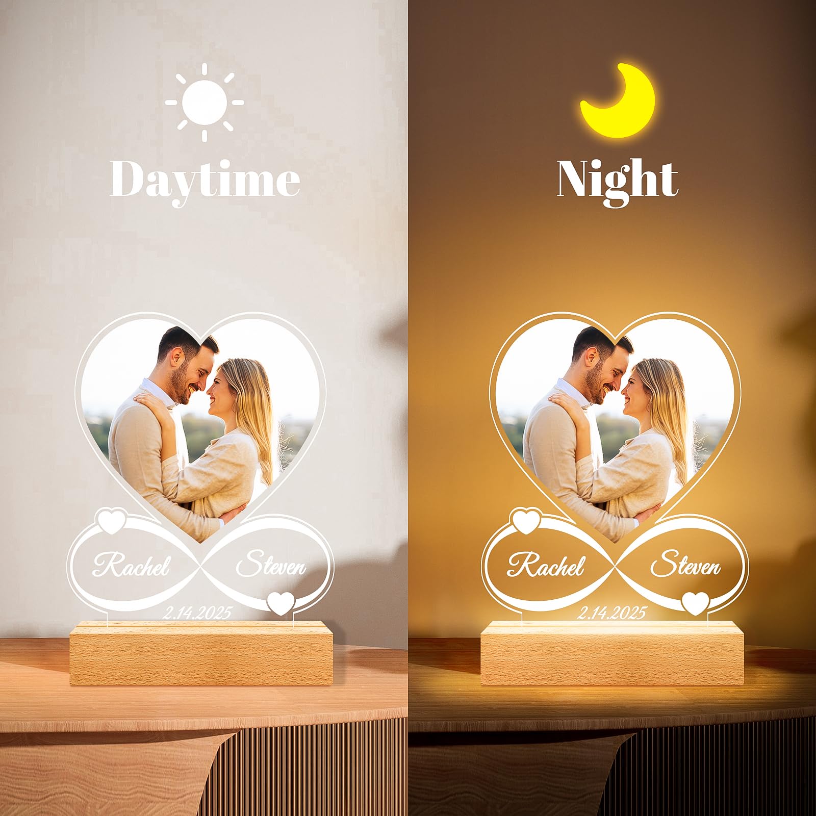 Personalized Anniversary Couple Gifts for Women and Men, Customized Heart Photo Frame, Custom Picture Frames with Night Light, Personalized Valentines Day Gifts for Her Him Girlfriend Boyfriend