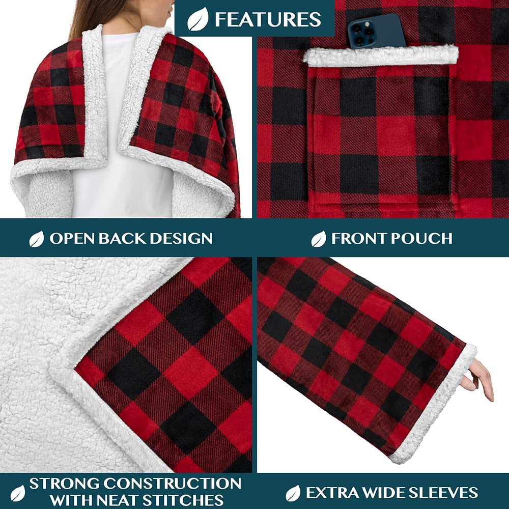 PAVILIA Sherpa Fleece Blanket with Sleeves Women Men Adult, Wearable Blanket Warm Soft Plush Thick, Snuggle Pocket Sleeved TV Throw Wrap, Cozy Idea Mom Wife, Checkered Red