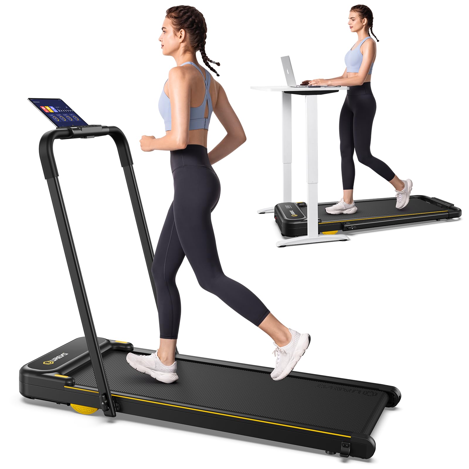 UREVO Strol 2E Smart 2-in-1 Folding Treadmill, Compact Walking Pad with Safety Handle, Plug and Play, Dual LED Display, Workout APP, Walking or Running for Home Office, Remote Included, Flaxen